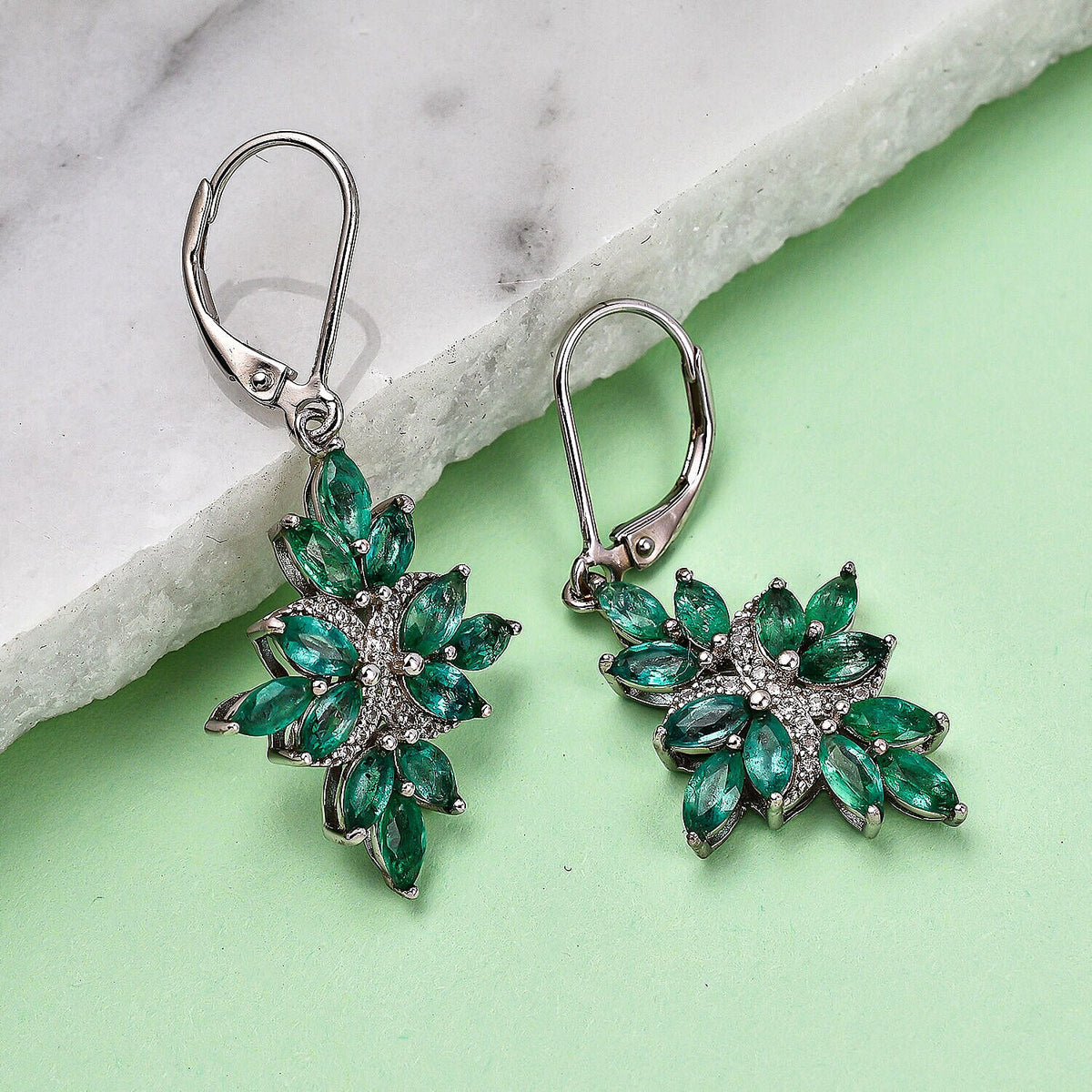 AAA Gemfields Emerald and Natural Zircon Floral Earrings in Rhodium Overlay Sterling Silver 3.30 Ct. 7317771 1