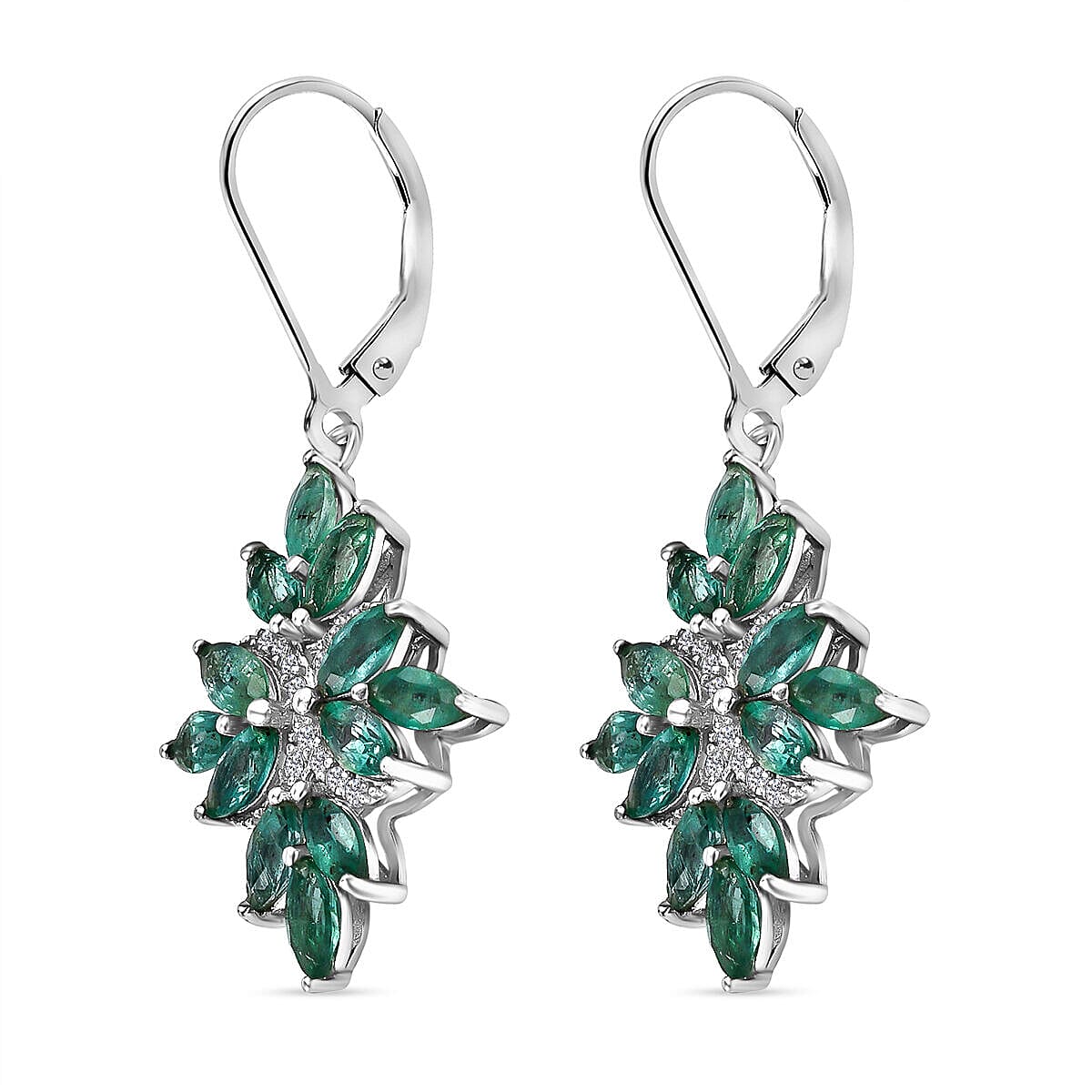 AAA Gemfields Emerald and Natural Zircon Floral Earrings in Rhodium Overlay Sterling Silver 3.30 Ct. 7317771 3