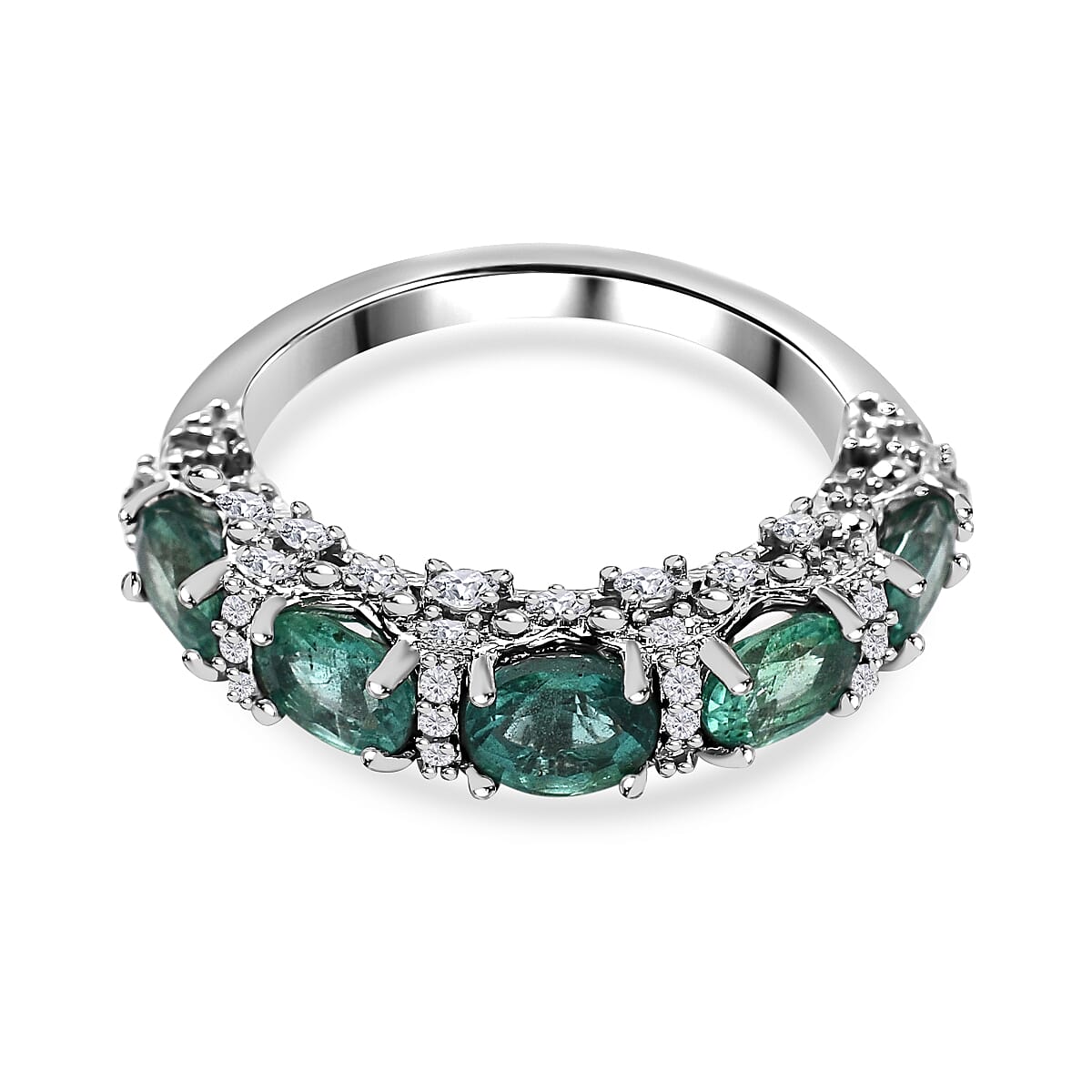 AAA Gemfields Emerald and Natural Zircon Half Eternity Ring in Rhodium Overlay Sterling Silver 2.13 Ct. 7317768 0
