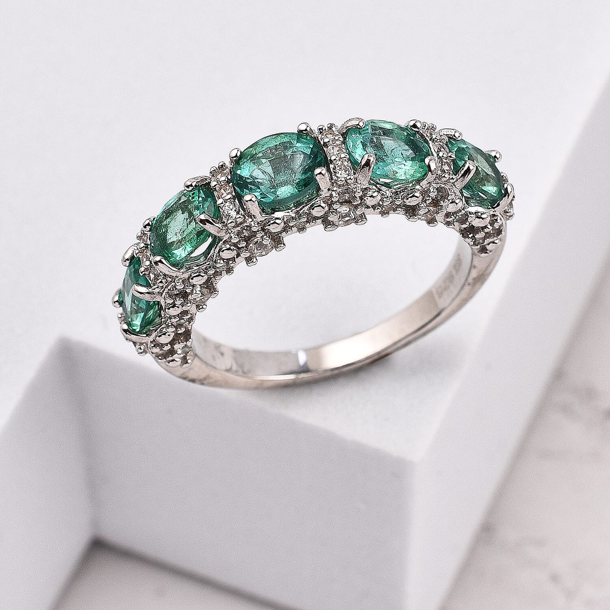 AAA Gemfields Emerald and Natural Zircon Half Eternity Ring in Rhodium Overlay Sterling Silver 2.13 Ct. 7317768 1