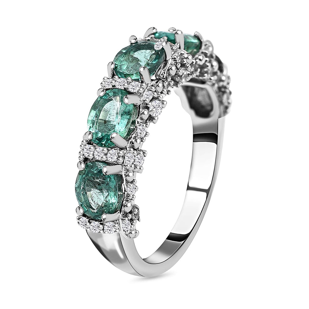 AAA Gemfields Emerald and Natural Zircon Half Eternity Ring in Rhodium Overlay Sterling Silver 2.13 Ct.