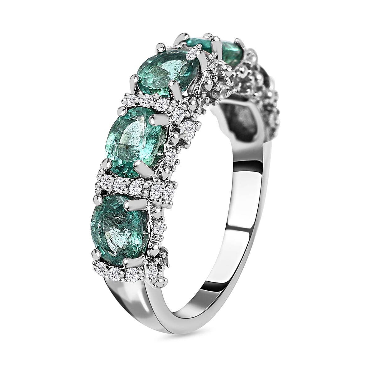 AAA Gemfields Emerald and Natural Zircon Half Eternity Ring in Rhodium Overlay Sterling Silver 2.13 Ct. 7317768 3
