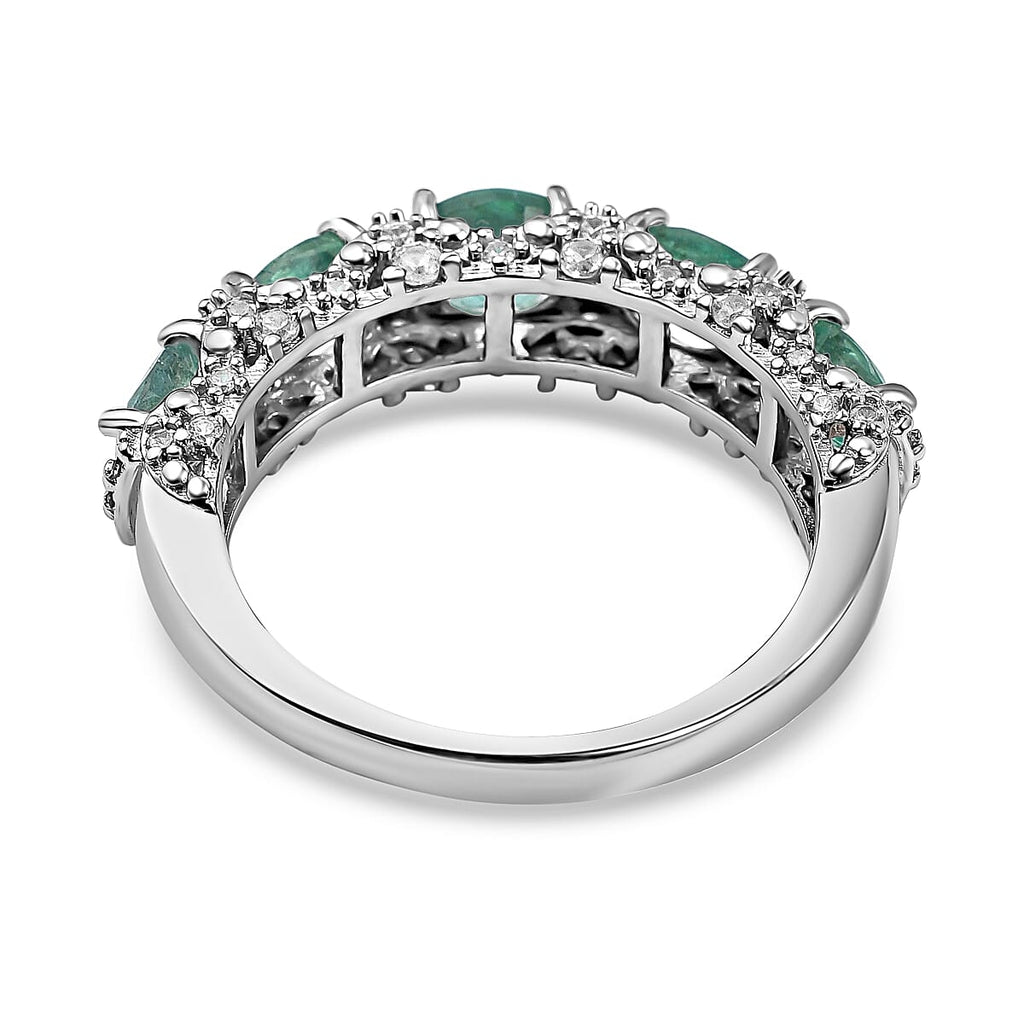 AAA Gemfields Emerald and Natural Zircon Half Eternity Ring in Rhodium Overlay Sterling Silver 2.13 Ct.