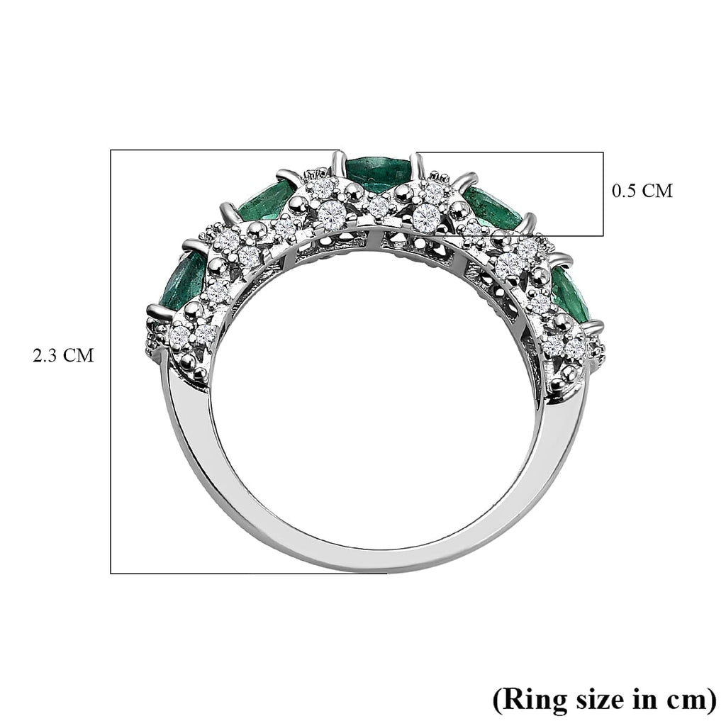 AAA Gemfields Emerald and Natural Zircon Half Eternity Ring in Rhodium Overlay Sterling Silver 2.13 Ct.