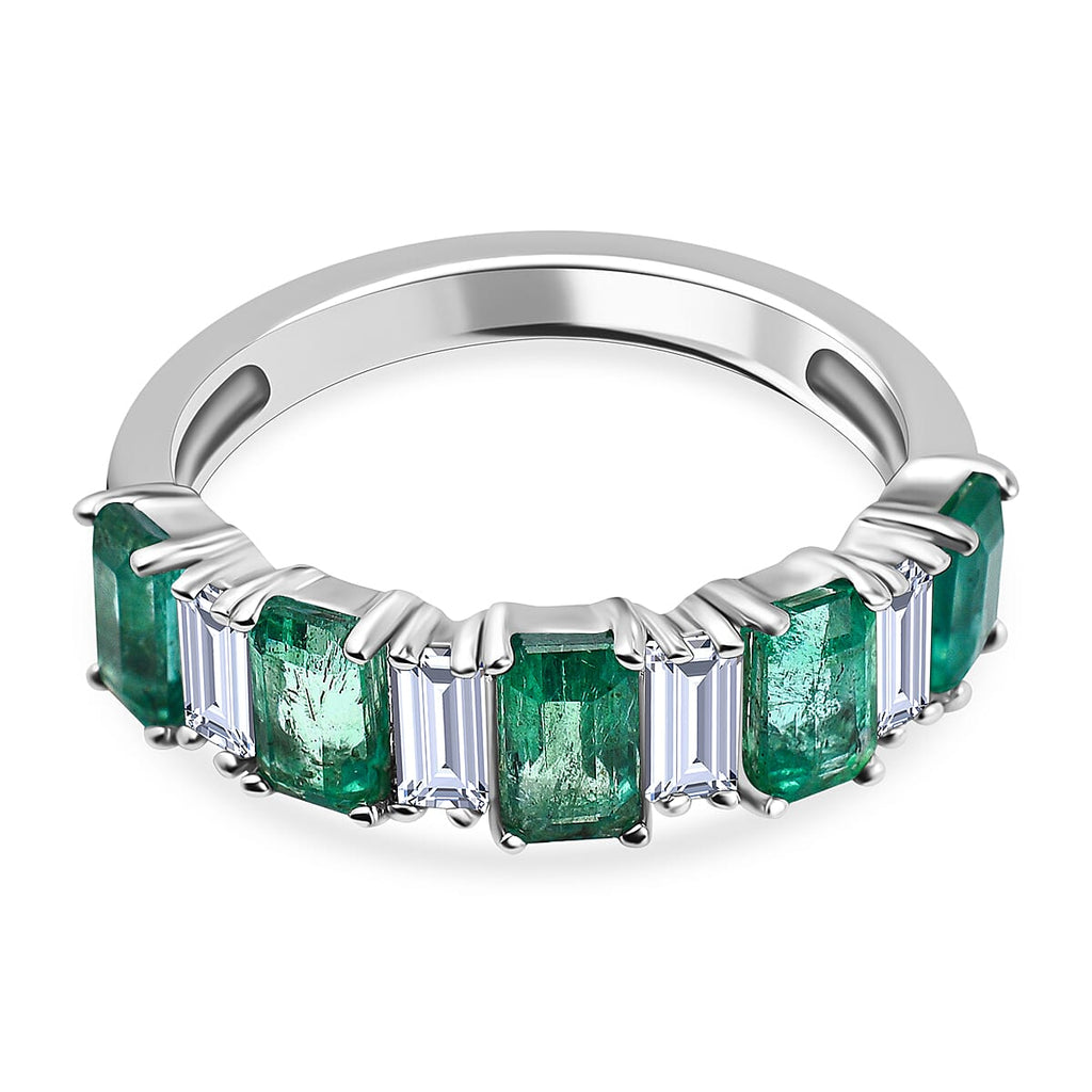 AAA Gemfields Emerald and Natural Zircon Half-Eternity Ring in Rhodium Overlay Sterling Silver 2.00 Ct