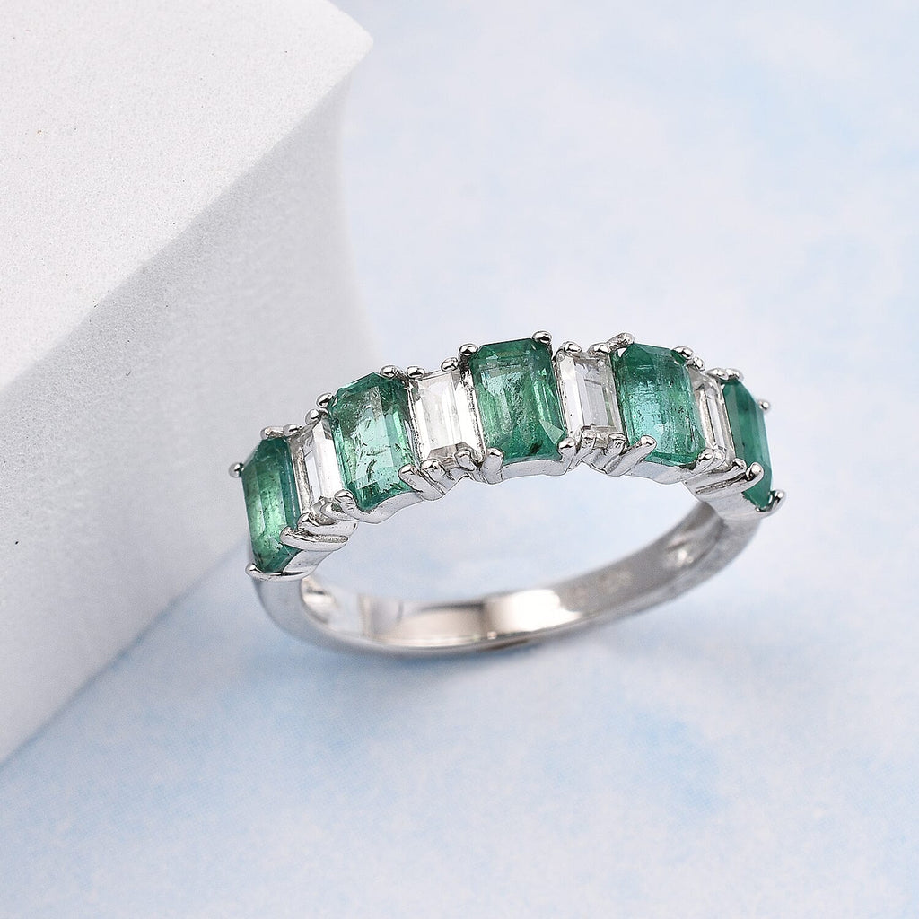 AAA Gemfields Emerald and Natural Zircon Half-Eternity Ring in Rhodium Overlay Sterling Silver 2.00 Ct