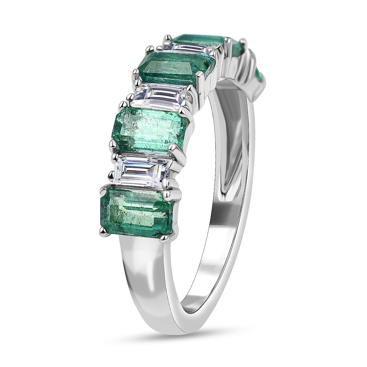 AAA Gemfields Emerald and Natural Zircon Half-Eternity Ring in Rhodium Overlay Sterling Silver 2.00 Ct 7527200 2