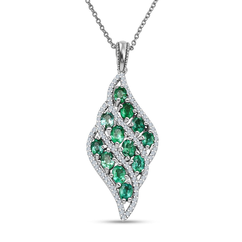 AAA Gemfields Emerald and Natural Zircon Pendant in Rhodium Overlay Sterling Silver 2.66 Ct.
