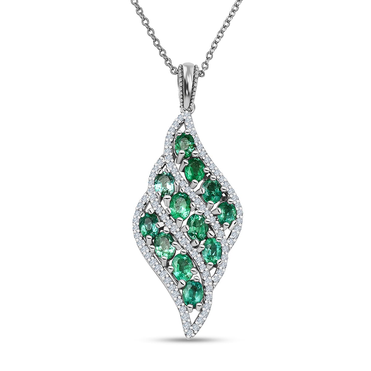 AAA Gemfields Emerald and Natural Zircon Pendant in Rhodium Overlay Sterling Silver 2.66 Ct. 7317773 0