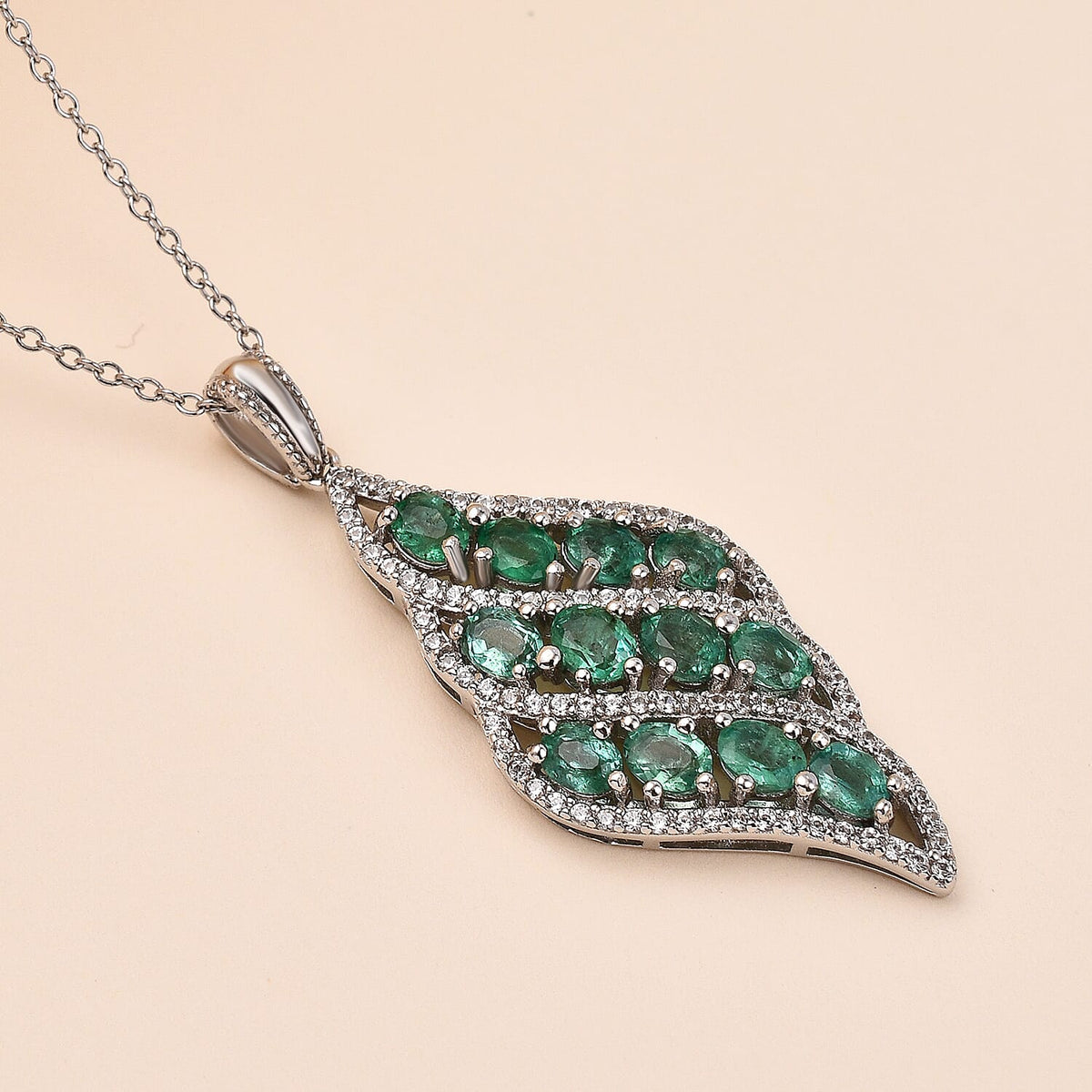 AAA Gemfields Emerald and Natural Zircon Pendant in Rhodium Overlay Sterling Silver 2.66 Ct. 7317773 1
