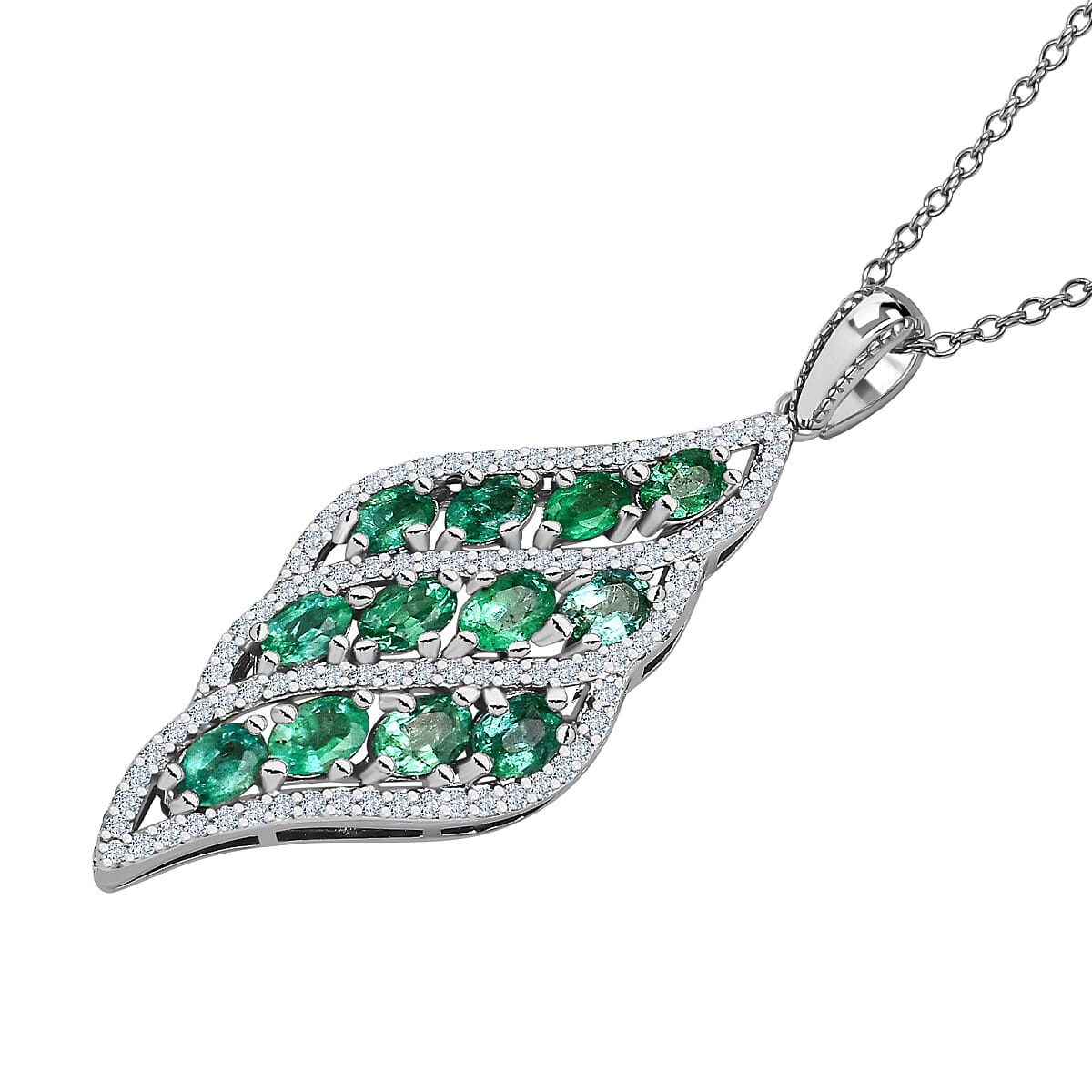 AAA Gemfields Emerald and Natural Zircon Pendant in Rhodium Overlay Sterling Silver 2.66 Ct. 7317773 3