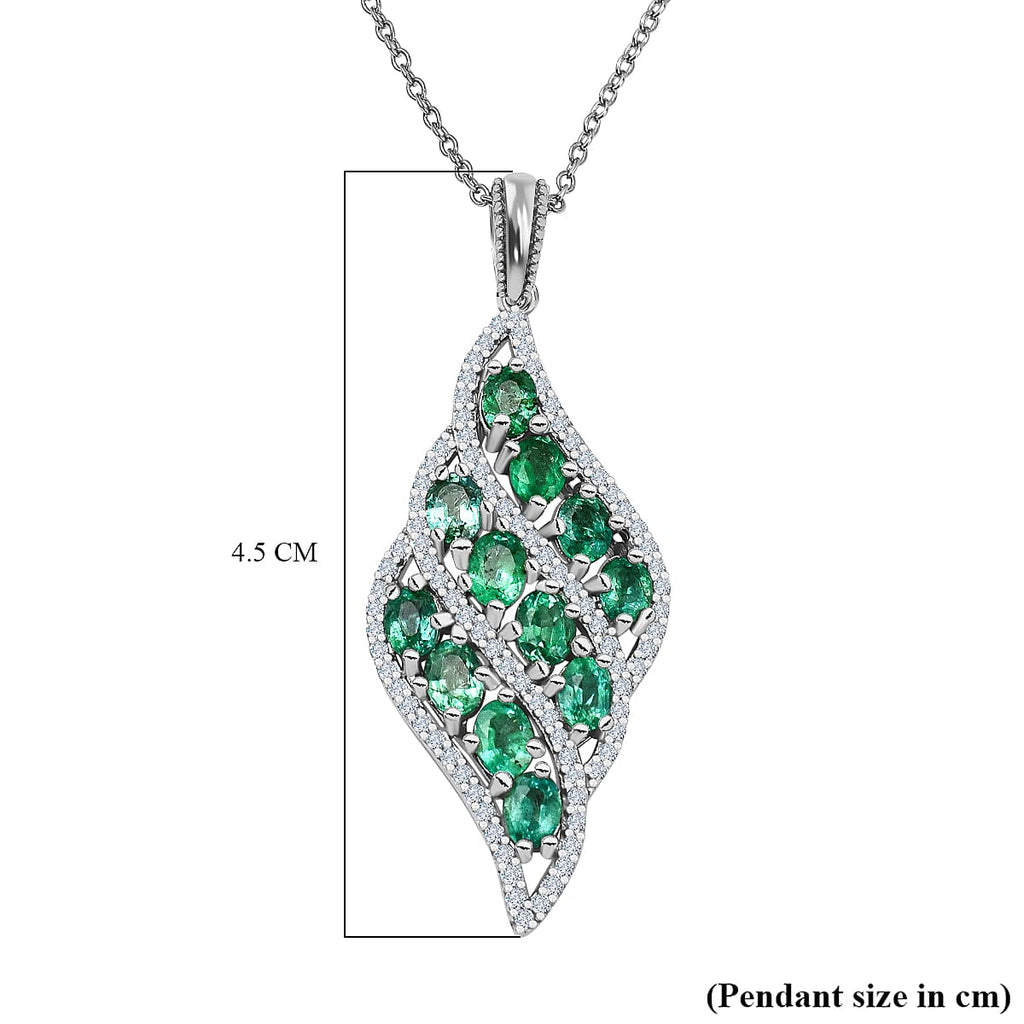 AAA Gemfields Emerald and Natural Zircon Pendant in Rhodium Overlay Sterling Silver 2.66 Ct.
