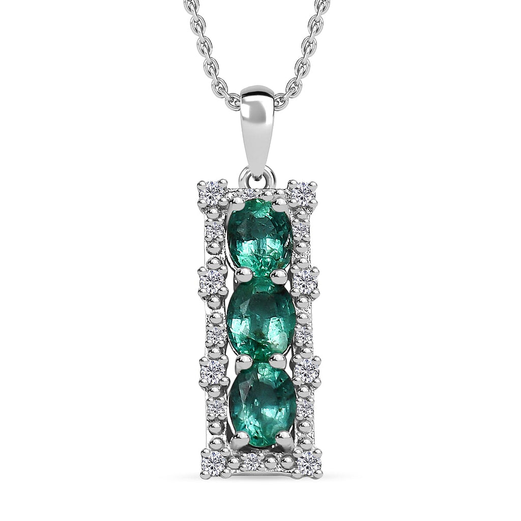 AAA Gemfields Emerald and Natural Zircon Pendant with Chain (Size 18 - 2 Ext.) in Rhodium Overlay Sterling Silver 1.24 Ct.