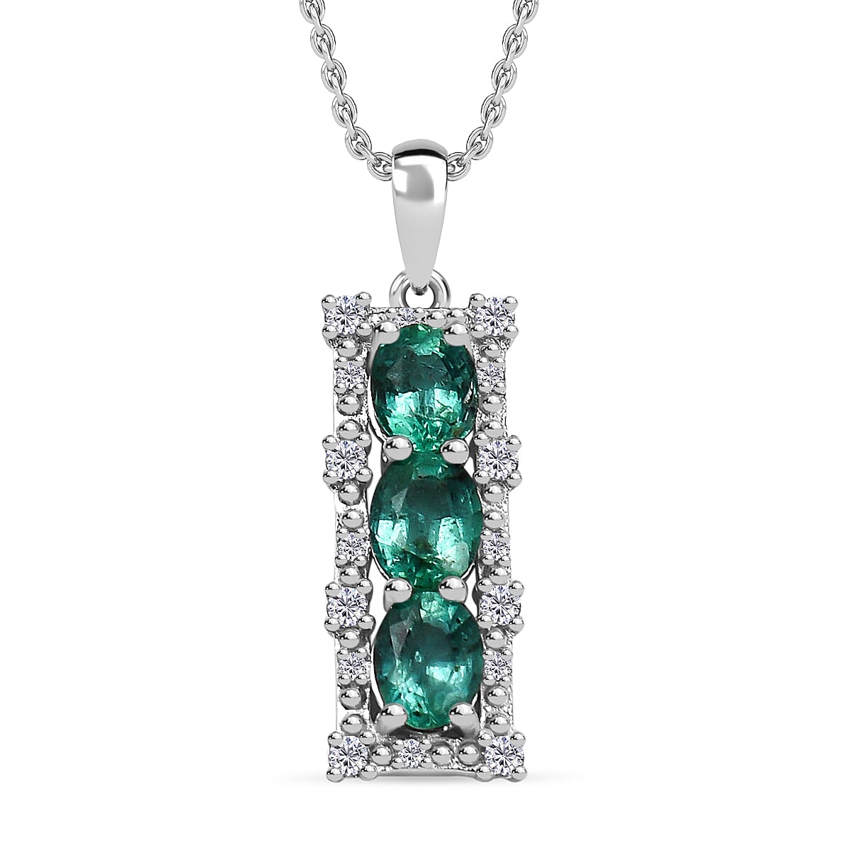AAA Gemfields Emerald and Natural Zircon Pendant with Chain (Size 18 - 2 Ext.) in Rhodium Overlay Sterling Silver 1.24 Ct. 7527195 0