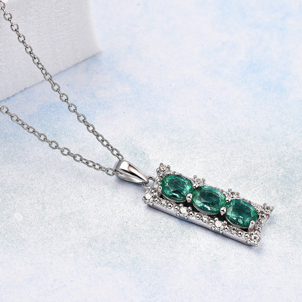 AAA Gemfields Emerald and Natural Zircon Pendant with Chain (Size 18 - 2 Ext.) in Rhodium Overlay Sterling Silver 1.24 Ct.