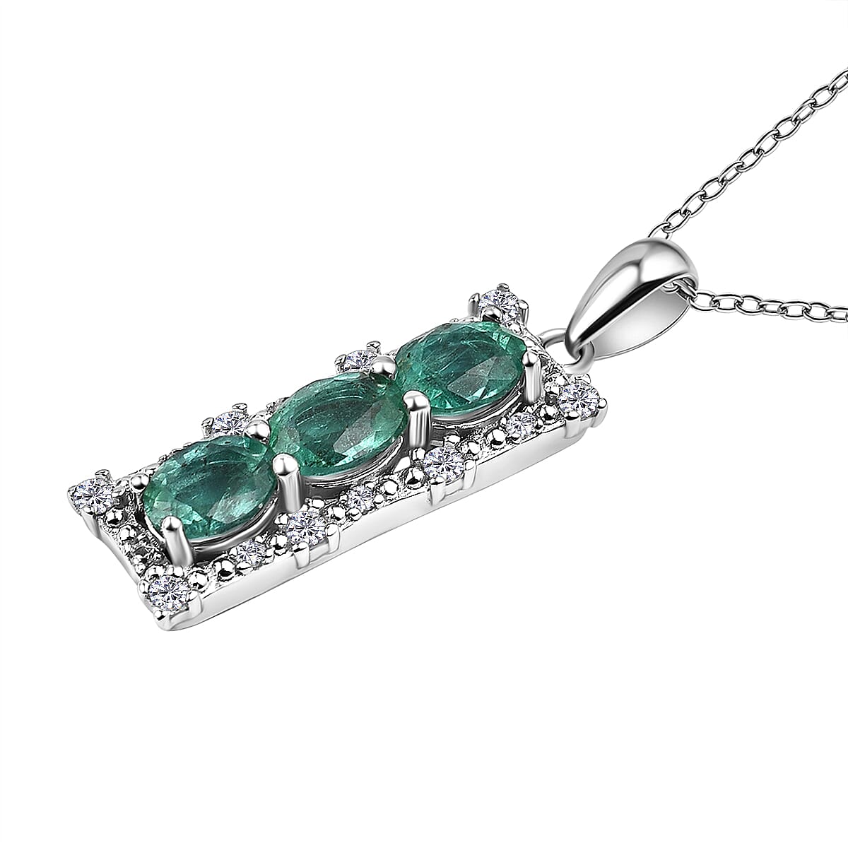 AAA Gemfields Emerald and Natural Zircon Pendant with Chain (Size 18 - 2 Ext.) in Rhodium Overlay Sterling Silver 1.24 Ct. 7527195 3