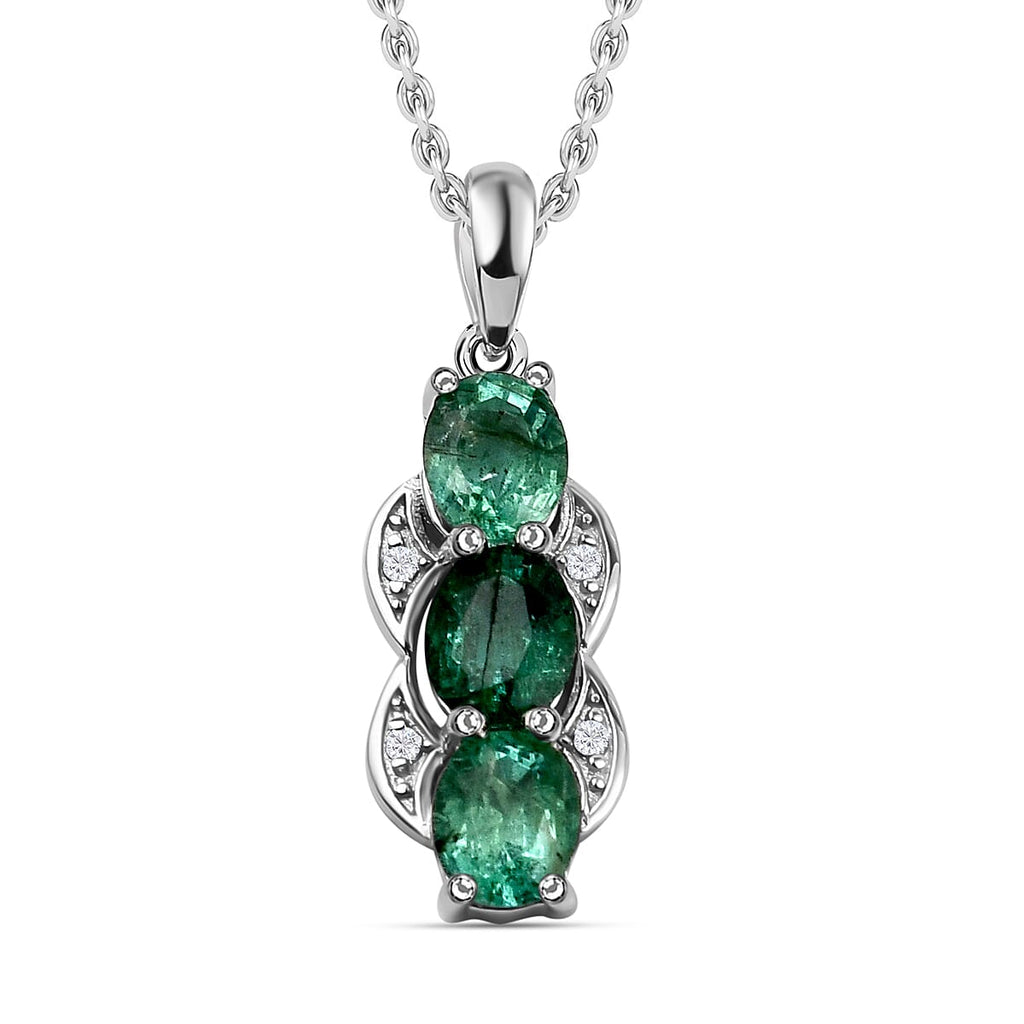 AAA Gemfields Emerald and Natural Zircon Pendant with Chain (Size 18-2 Ext.) in Rhodium Overlay Sterling Silver 1.05 Ct.