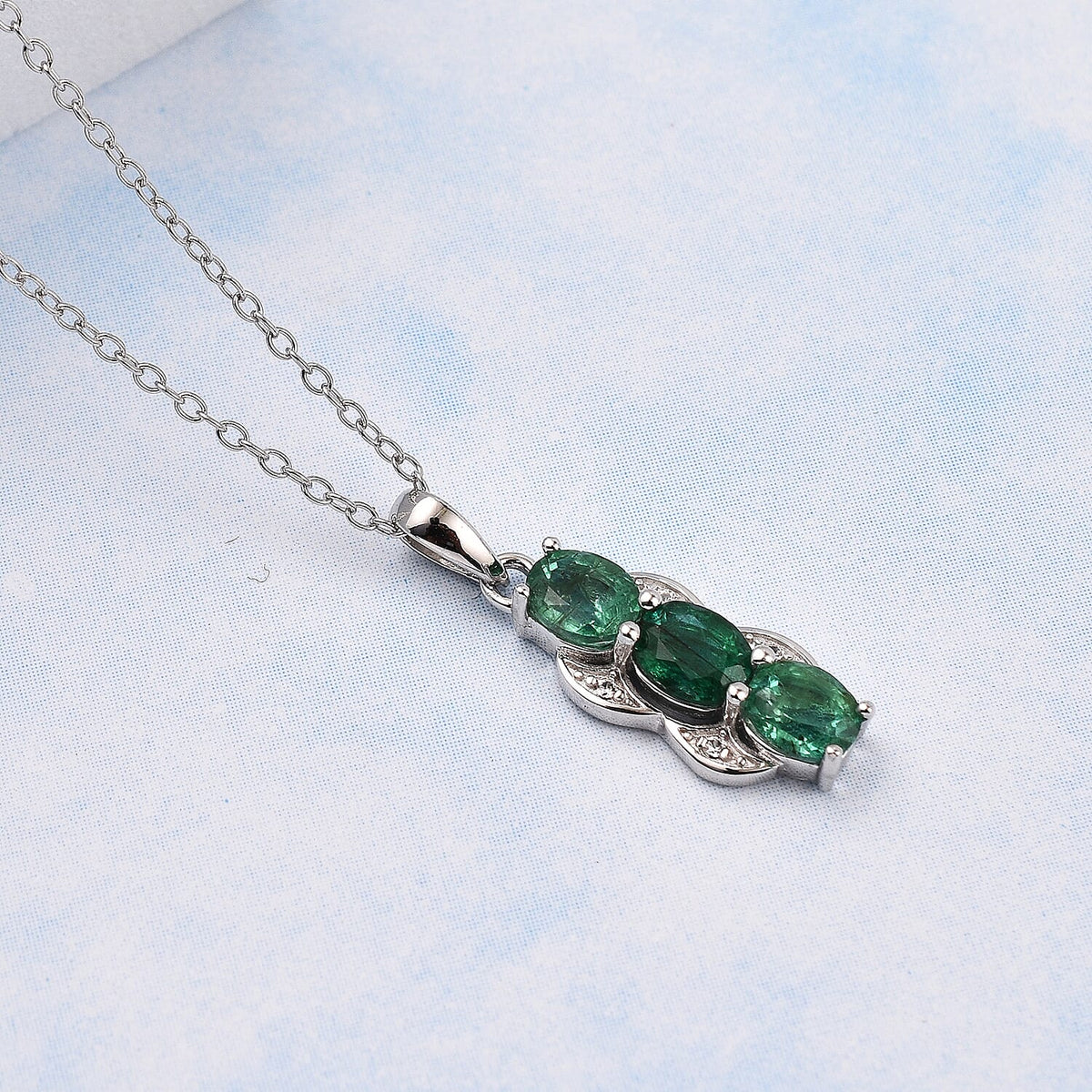 AAA Gemfields Emerald and Natural Zircon Pendant with Chain (Size 18-2 Ext.) in Rhodium Overlay Sterling Silver 1.05 Ct. 7527196 2