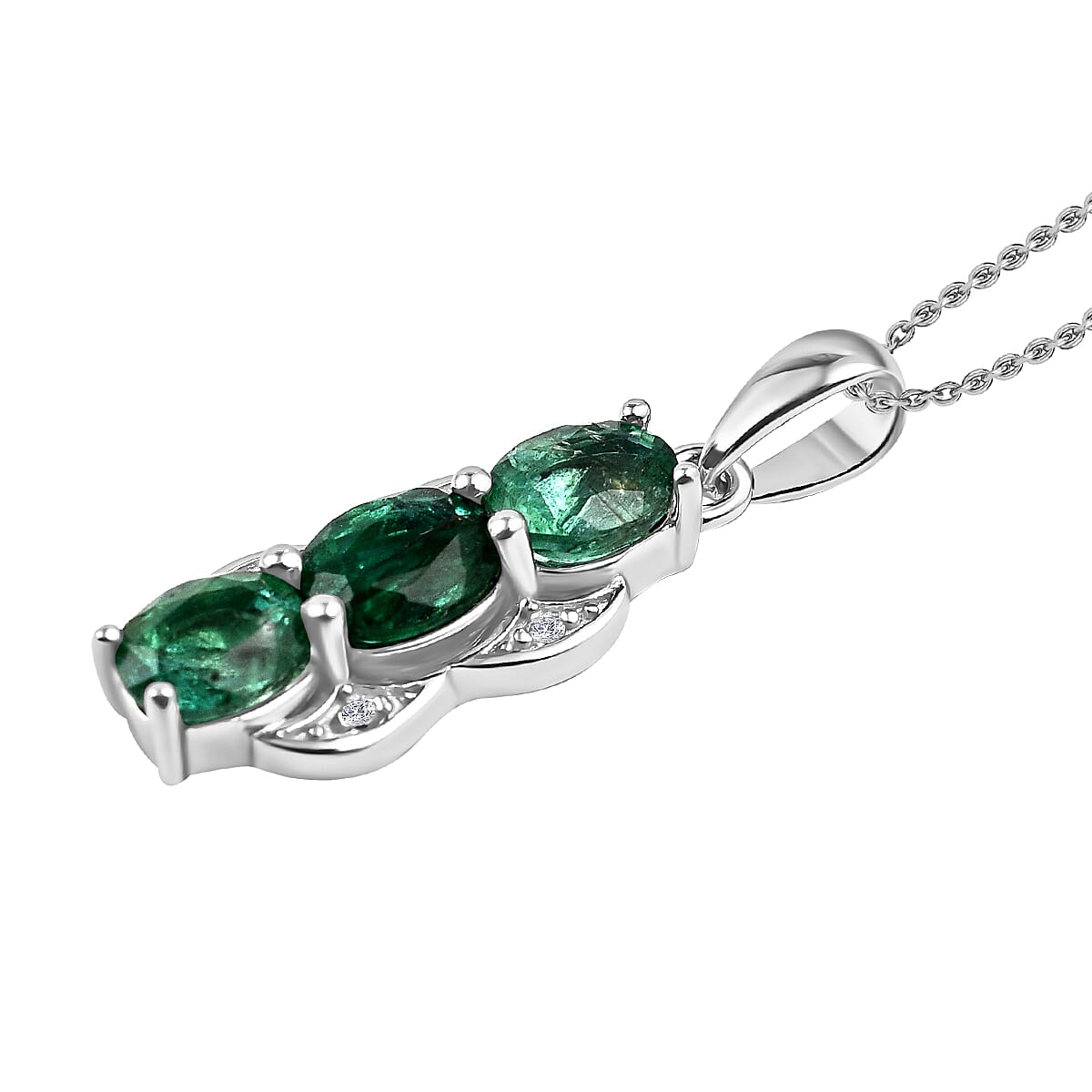 AAA Gemfields Emerald and Natural Zircon Pendant with Chain (Size 18-2 Ext.) in Rhodium Overlay Sterling Silver 1.05 Ct. 7527196 3
