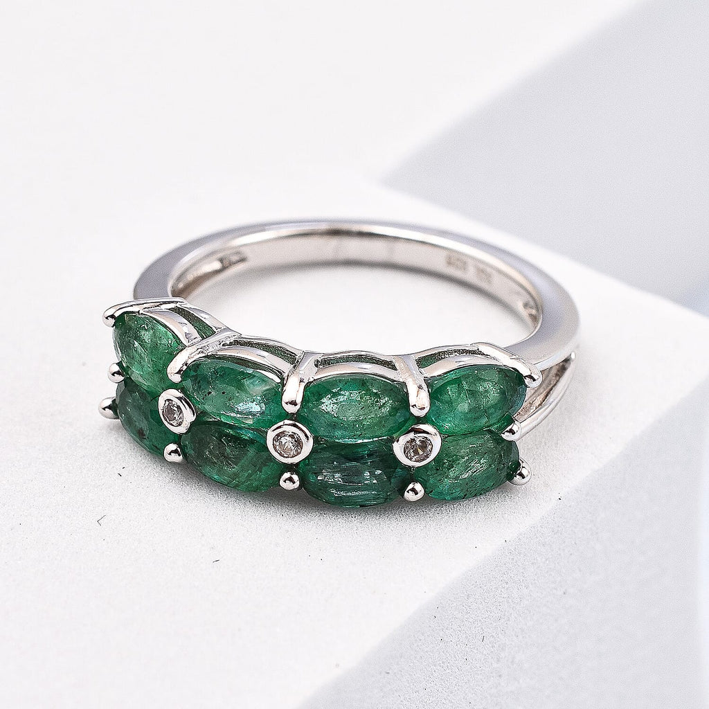 AAA Gemfields Emerald and Natural Zircon Ring in Rhodium Overlay Sterling Silver 1.82 Ct