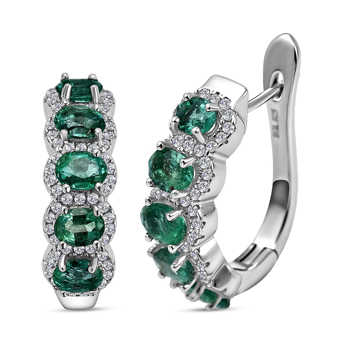 AAA Gemfields Natural Zircon and Emerald Hoop Earrings in Rhodium Overlay Sterling Silver 2.39 Ct, Silver Wt. 5.21 Gms 7527183 0