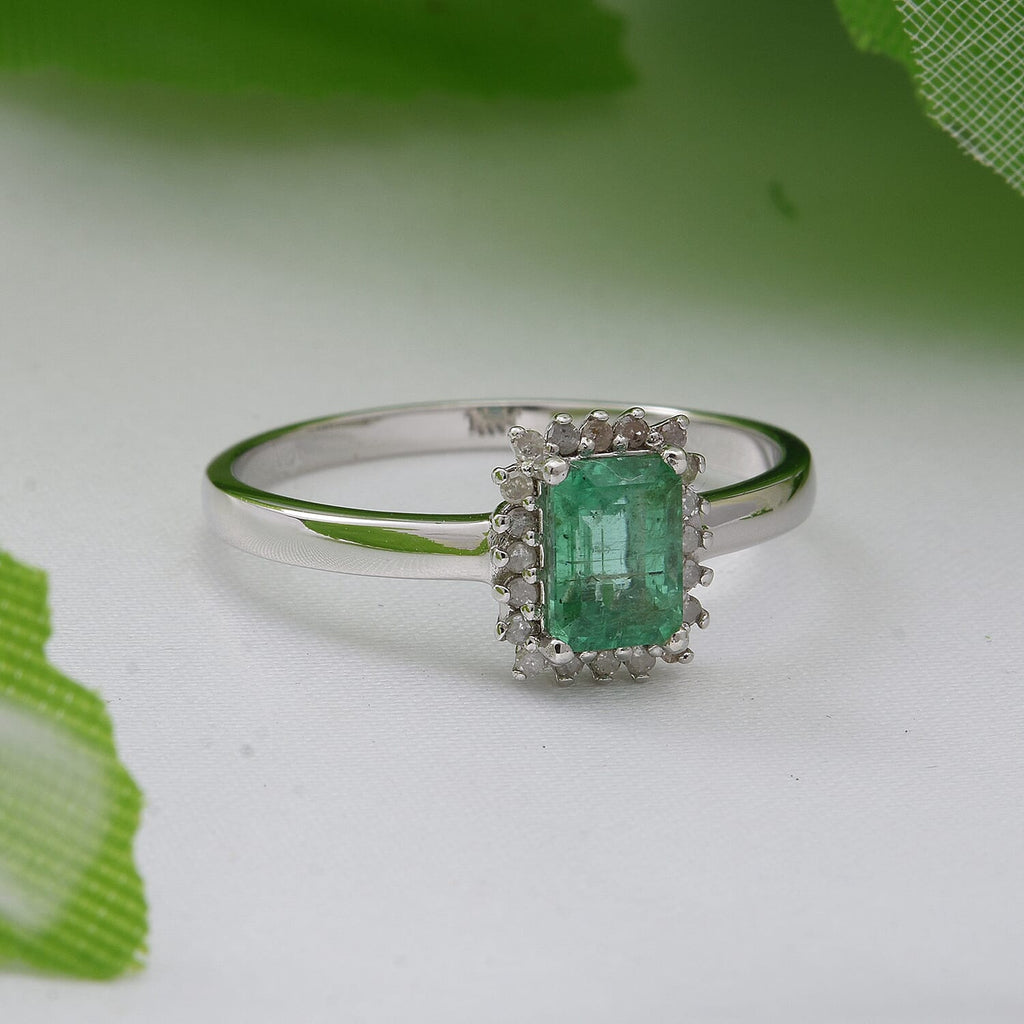 Kagem Zambian Emerald and Diamond Halo Ring in Rhodium Overlay Sterling Silver 1.16 Ct.