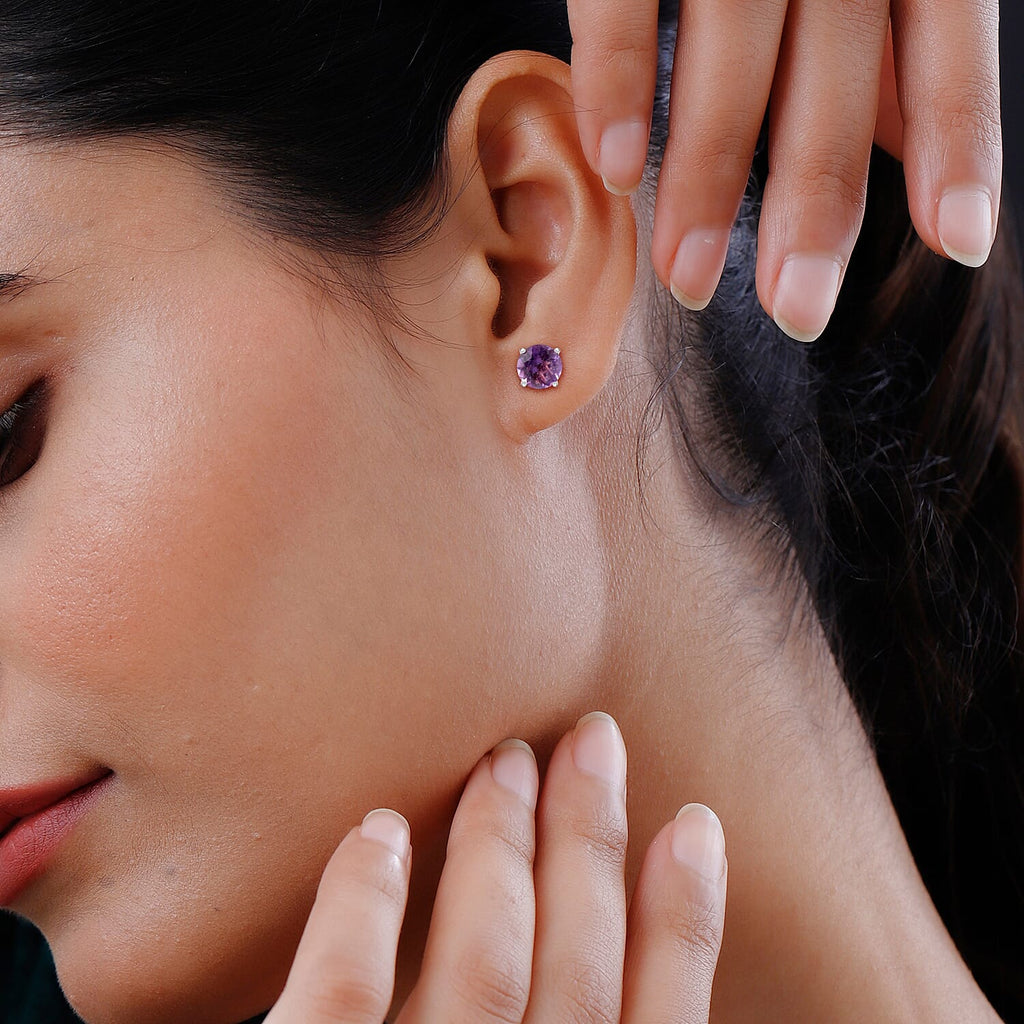 AAA Rose De France Amethyst Solitaire Stud Push Post Earring in Rhodium Overlay Sterling Silver 3.70 Ct.