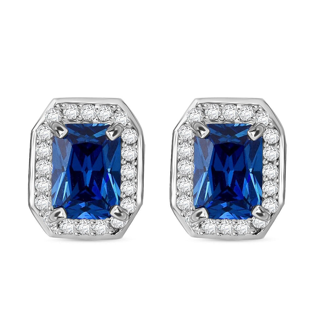 AAA Simulated Blue Sapphire (Oct), Simulated Diamond Stud Earrings (with Push Back) in Rhodium Plated Sterling Silver