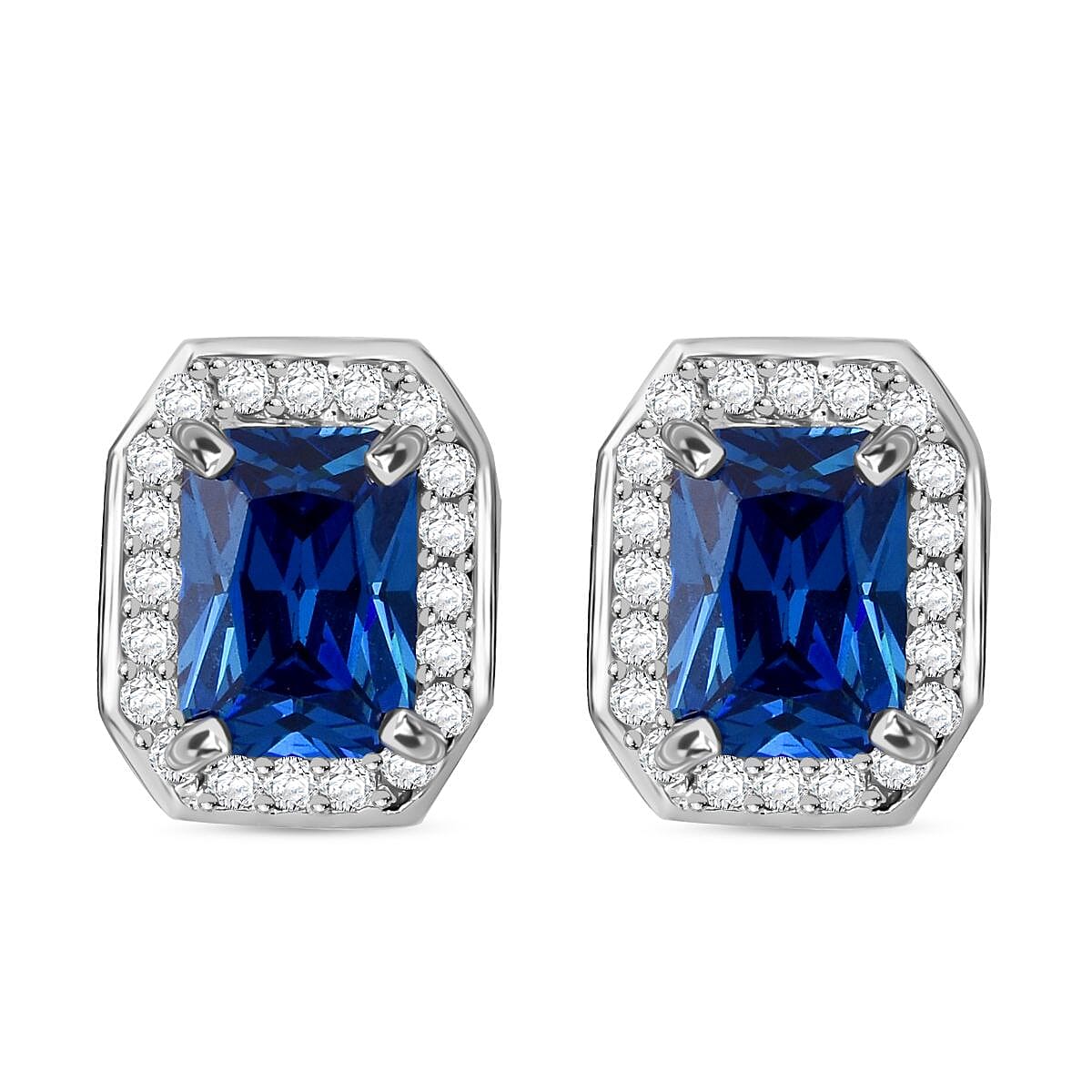 AAA Simulated Blue Sapphire (Oct), Simulated Diamond Halo Stud Earrings  in Rhodium Plated Sterling Silver 2224693 0