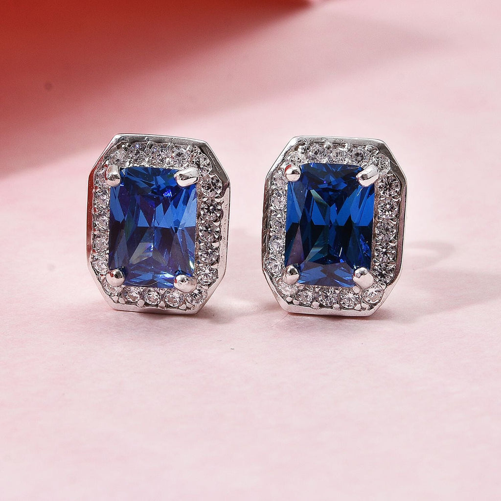 AAA Simulated Blue Sapphire (Oct), Simulated Diamond Stud Earrings (with Push Back) in Rhodium Plated Sterling Silver
