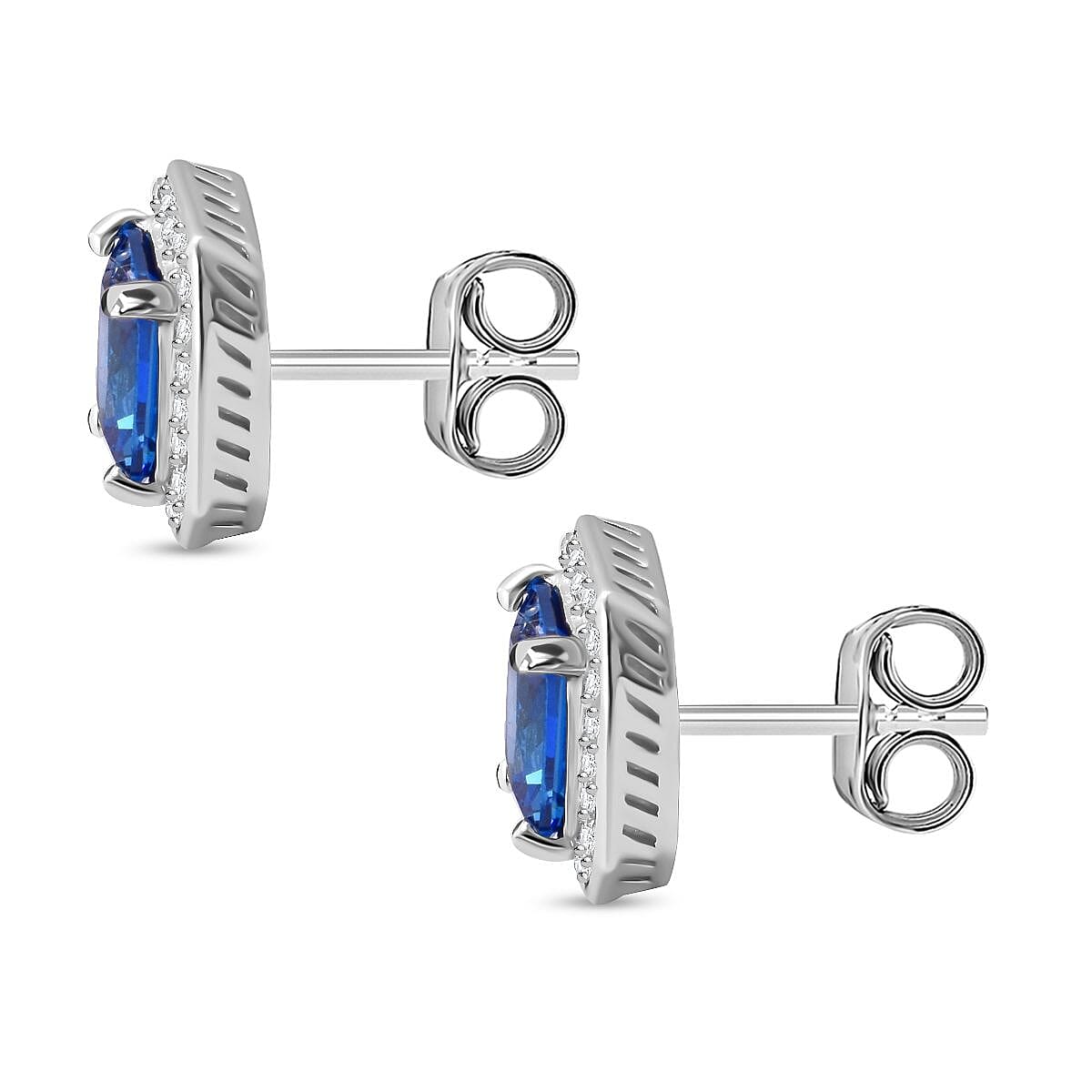 AAA Simulated Blue Sapphire (Oct), Simulated Diamond Halo Stud Earrings  in Rhodium Plated Sterling Silver 2224693 6