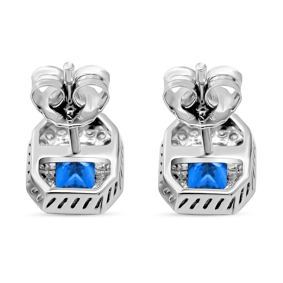 AAA Simulated Blue Sapphire (Oct), Simulated Diamond Halo Stud Earrings  in Rhodium Plated Sterling Silver 2224693 8