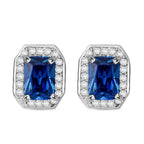 AAA Simulated Blue Sapphire (Oct), Simulated Diamond Stud Earrings (with Push Back) in Rhodium Plated Sterling Silver
