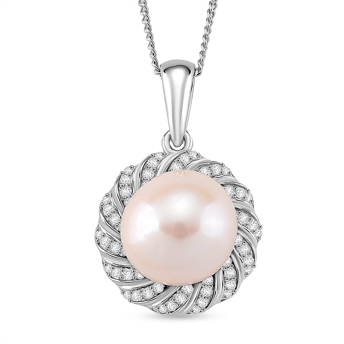D'Joy AAA Edison Pearl (11-12 MM), Moissanite Pendant with Chain (Size 18) in Rhodium Overlay Sterling Silver 10.63 Ct. 4397129 0