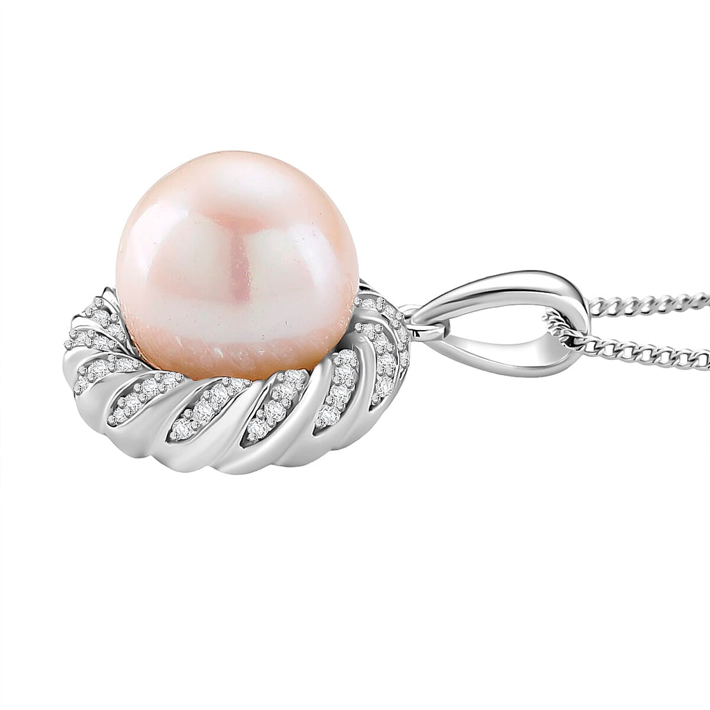 AAA Edison Pearl (11-12 MM) & Moissanite Pendant with Chain (Size 18) in Rhodium Overlay Sterling Silver.