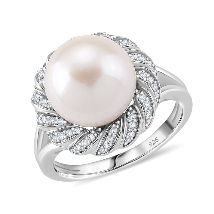 AAA Edison Pearl (11-12 MM), Moissanite Ring in Rhodium Overlay Sterling Silver 10.49 Ct. 8191762 1