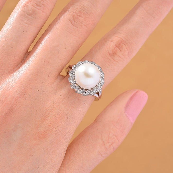 AAA Edison Pearl (11-12 MM), Moissanite Ring in Rhodium Overlay Sterling Silver 10.49 Ct. 8191762 2