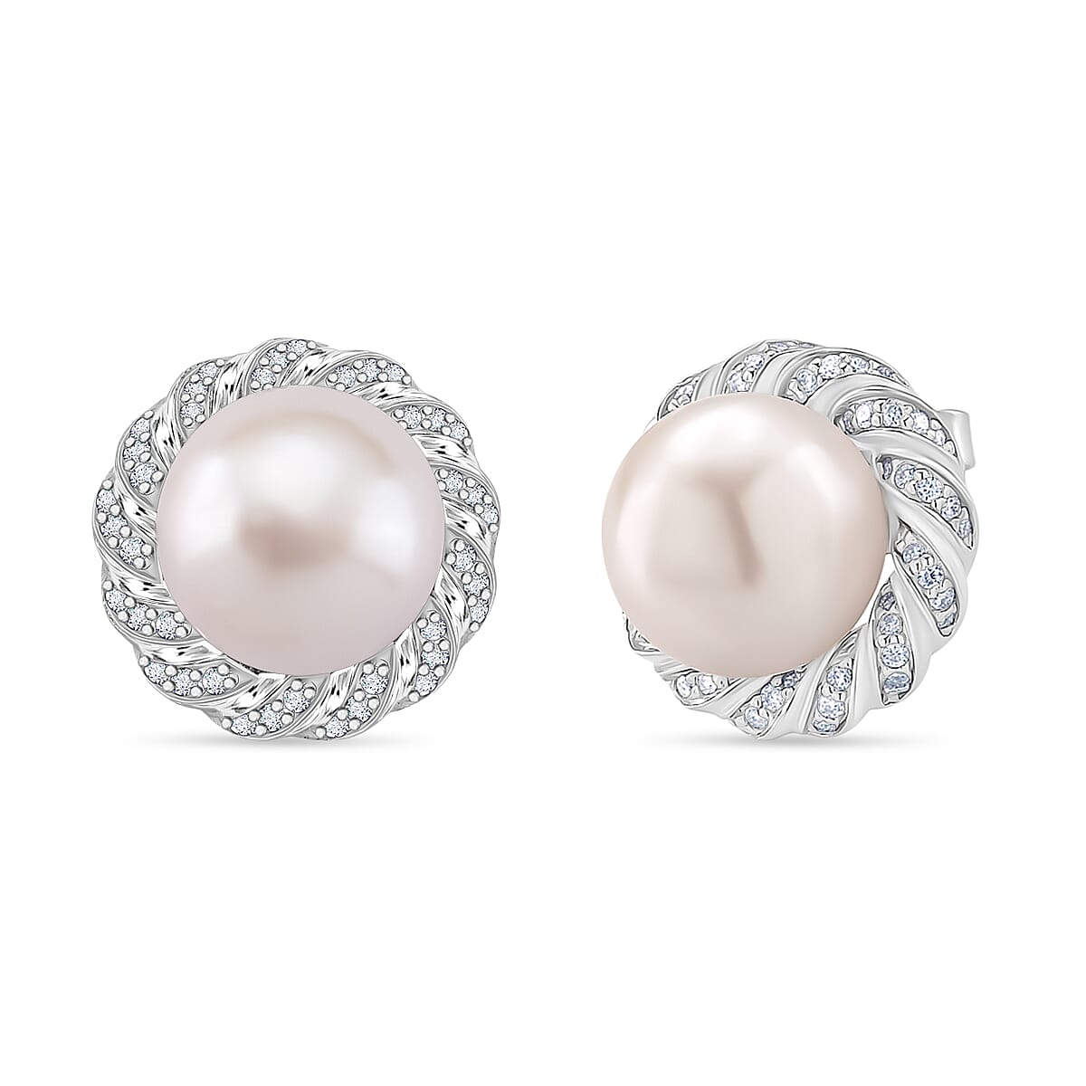 AAA White Edison Pearl (10-11MM) &amp; Moissanite Solitaire Stud Push Back Earring in Rhodium Overlay Sterling Silver 15.57 Ct. 8191878 0