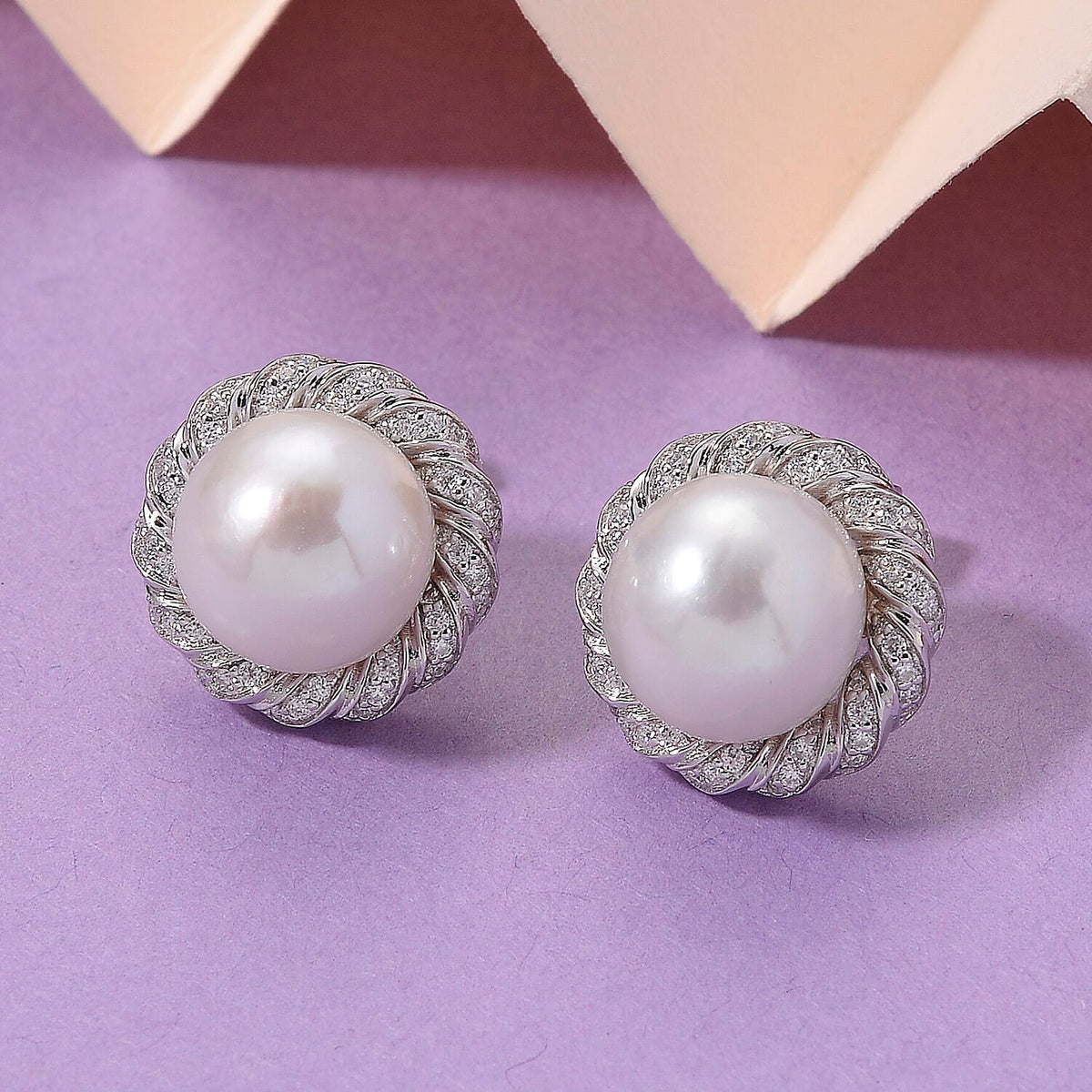 AAA White Edison Pearl (10-11MM) &amp; Moissanite Solitaire Stud Push Back Earring in Rhodium Overlay Sterling Silver 15.57 Ct. 8191878 1