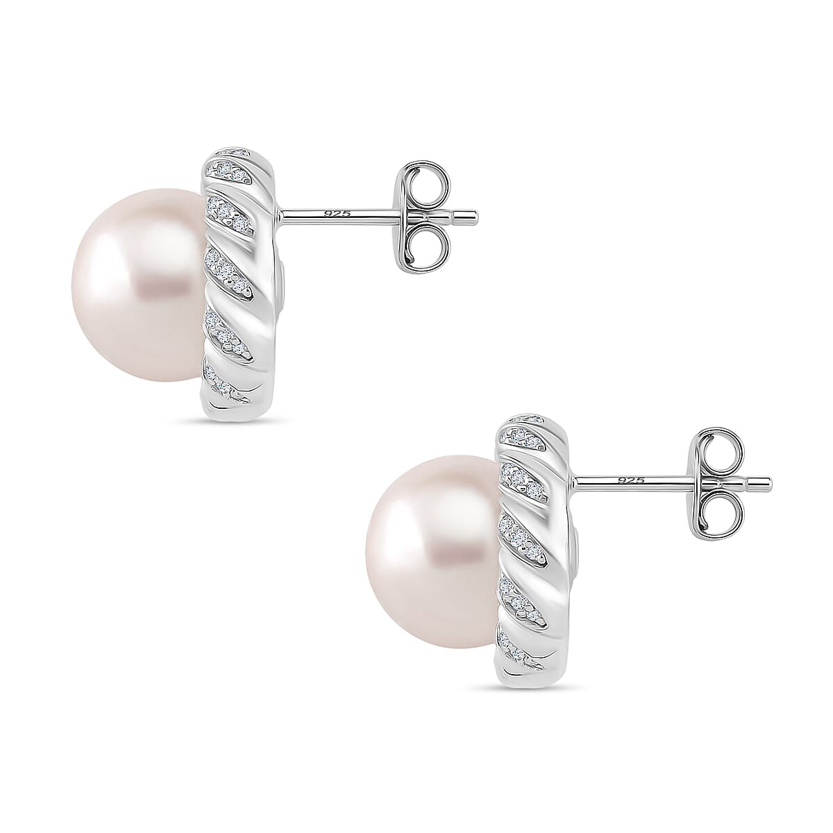 AAA White Edison Pearl (10-11MM) &amp; Moissanite Solitaire Stud Push Back Earring in Rhodium Overlay Sterling Silver 15.57 Ct. 8191878 3