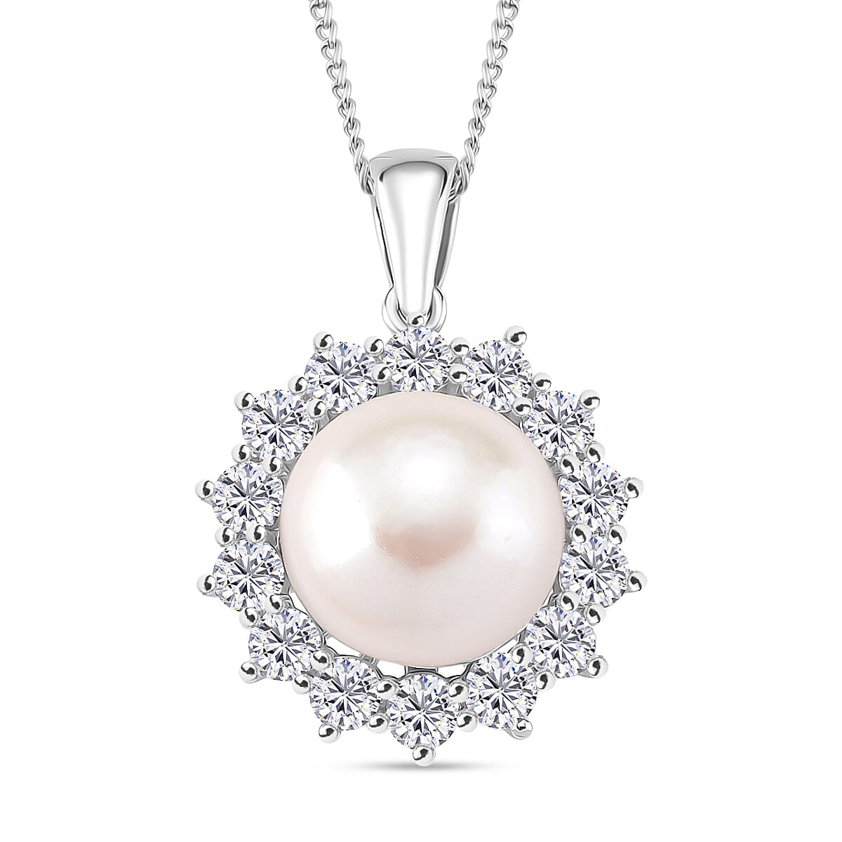 AAA White Edison Pearl (11-12 MM) &amp; Natural Zircon Pendant with Chain (Size 18) in Rhodium Overlay Sterling Silver 11.83 Ct. 4397190 0
