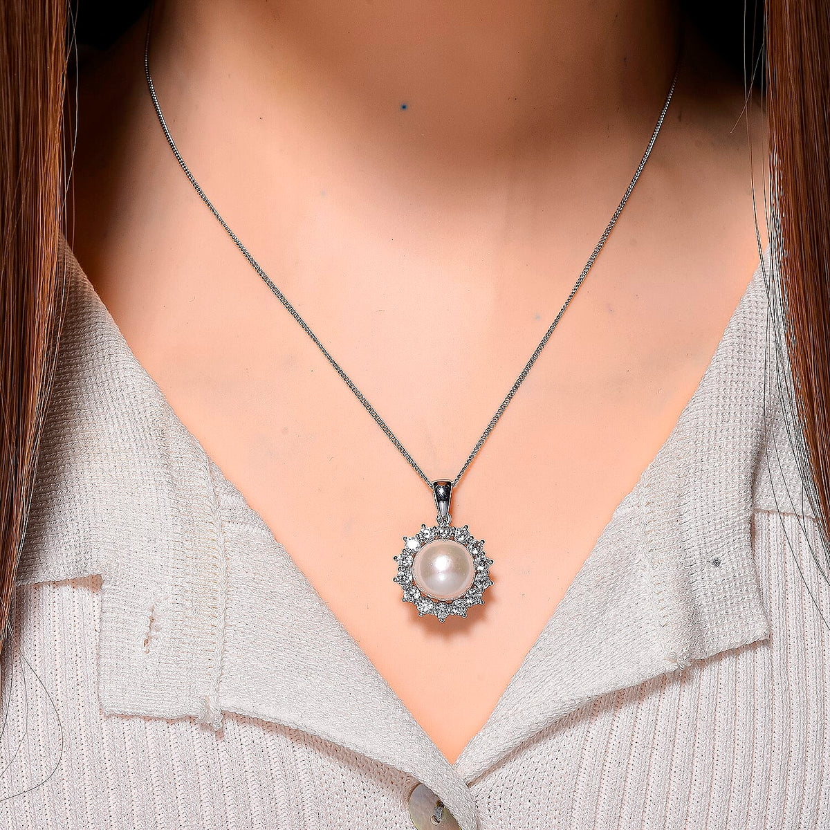 AAA White Edison Pearl (11-12 MM) &amp; Natural Zircon Pendant with Chain (Size 18) in Rhodium Overlay Sterling Silver 11.83 Ct. 4397190 1