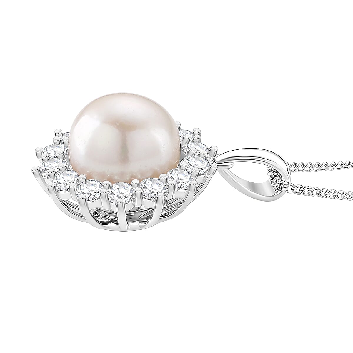 AAA White Edison Pearl (11-12 MM) &amp; Natural Zircon Pendant with Chain (Size 18) in Rhodium Overlay Sterling Silver 11.83 Ct. 4397190 2