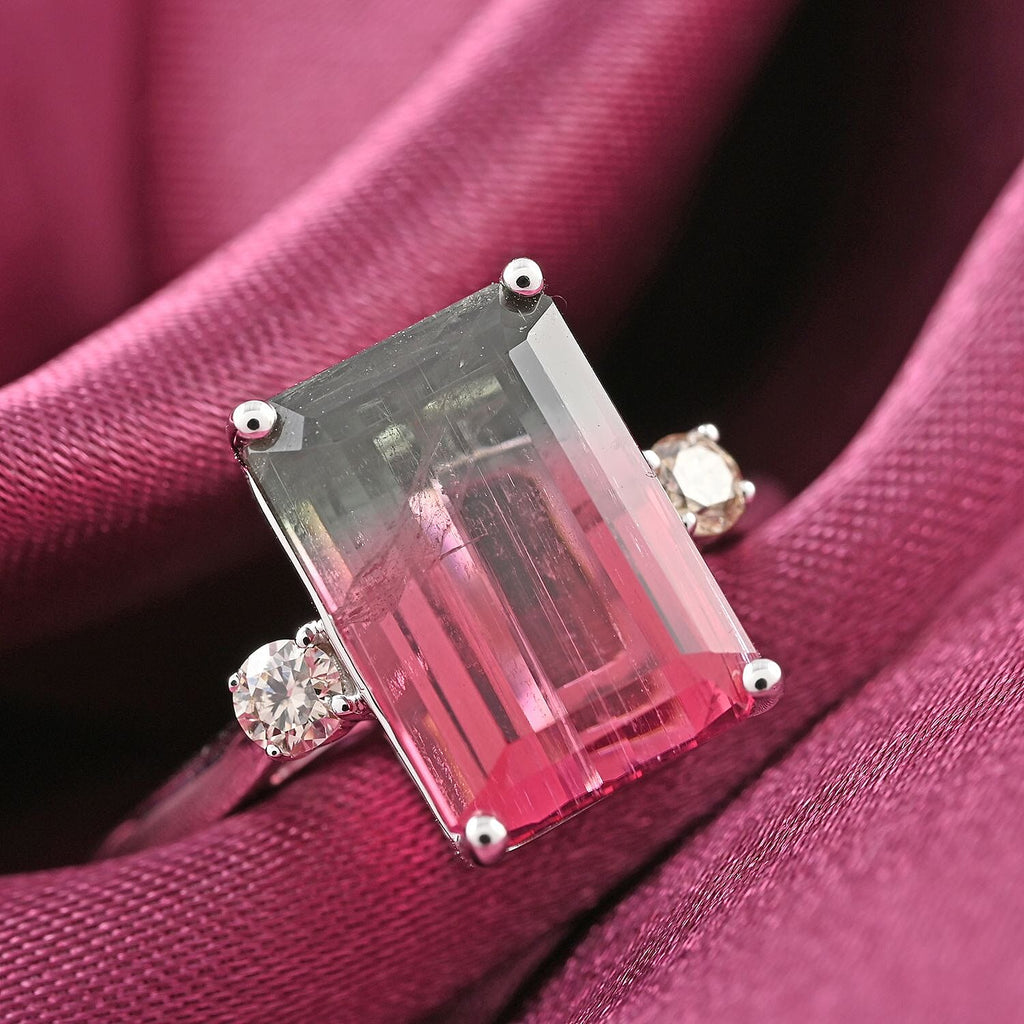 AGI Certified 14K White Gold AAA Bi-Color Tourmaline and Diamond (I2-G-H) Ring 4.61 Ct