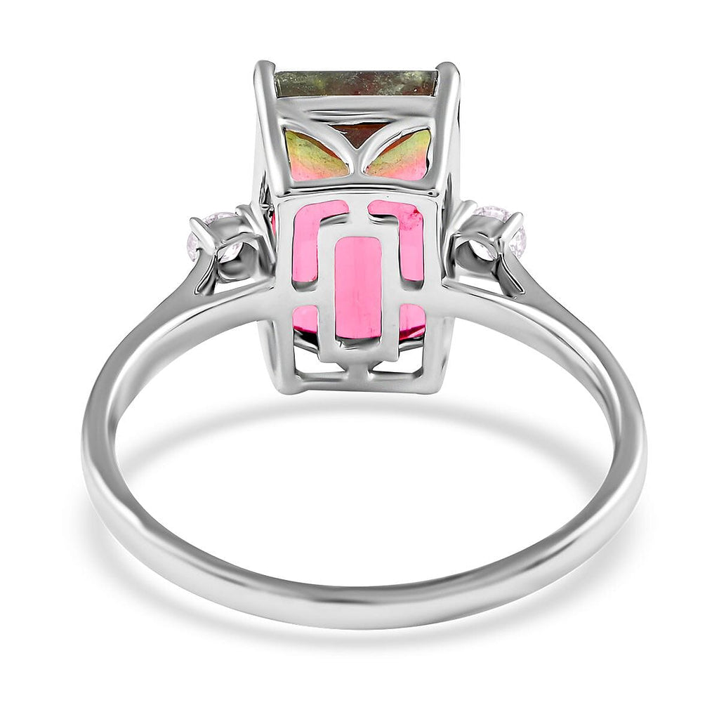 AGI Certified 14K White Gold AAA Bi-Color Tourmaline and Diamond (I2-G-H) Ring 4.61 Ct