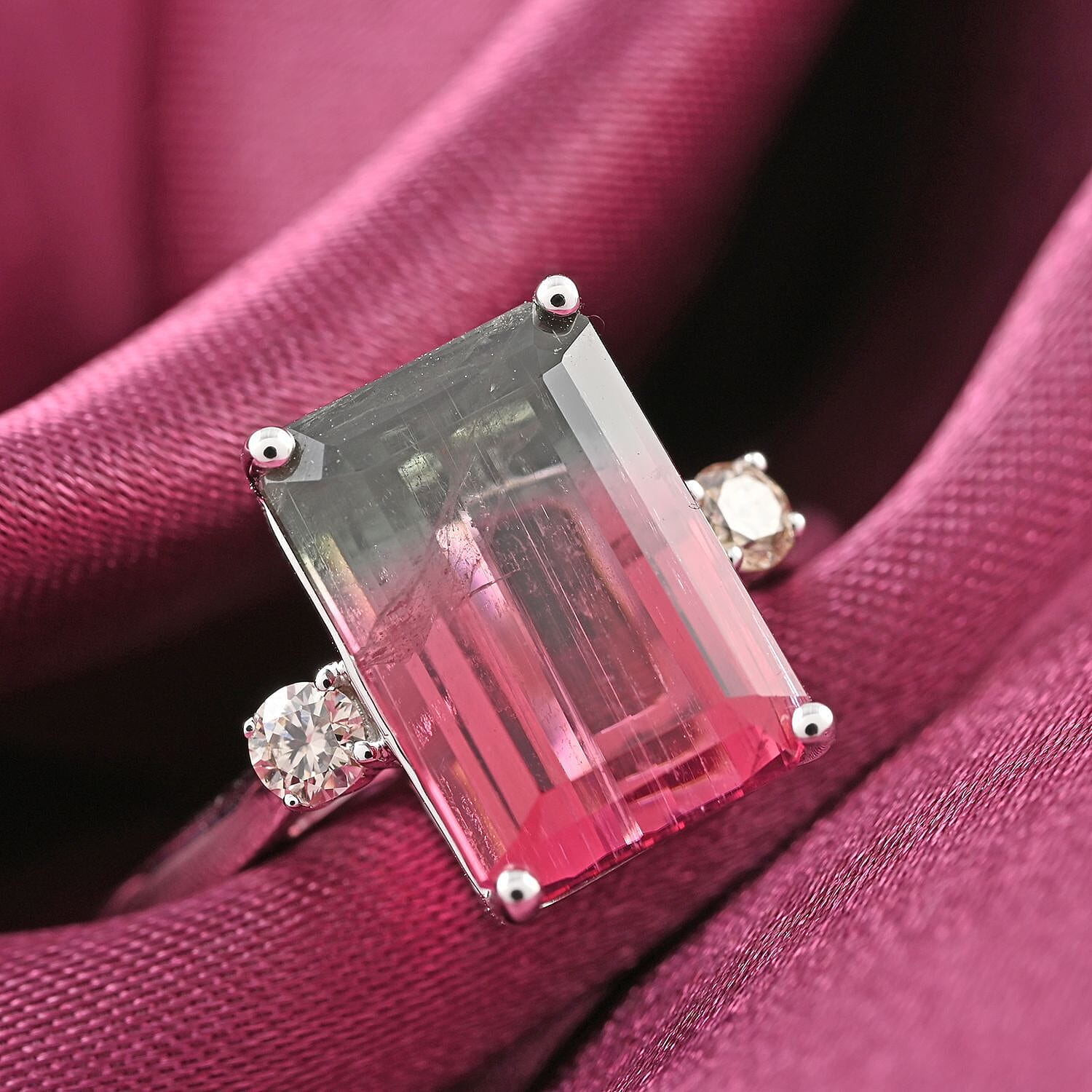 AGI Certified 14K White Gold AAA Bi-Color Tourmaline and Diamond (I2-G-H) Ring 4.61 Ct 7336816 1