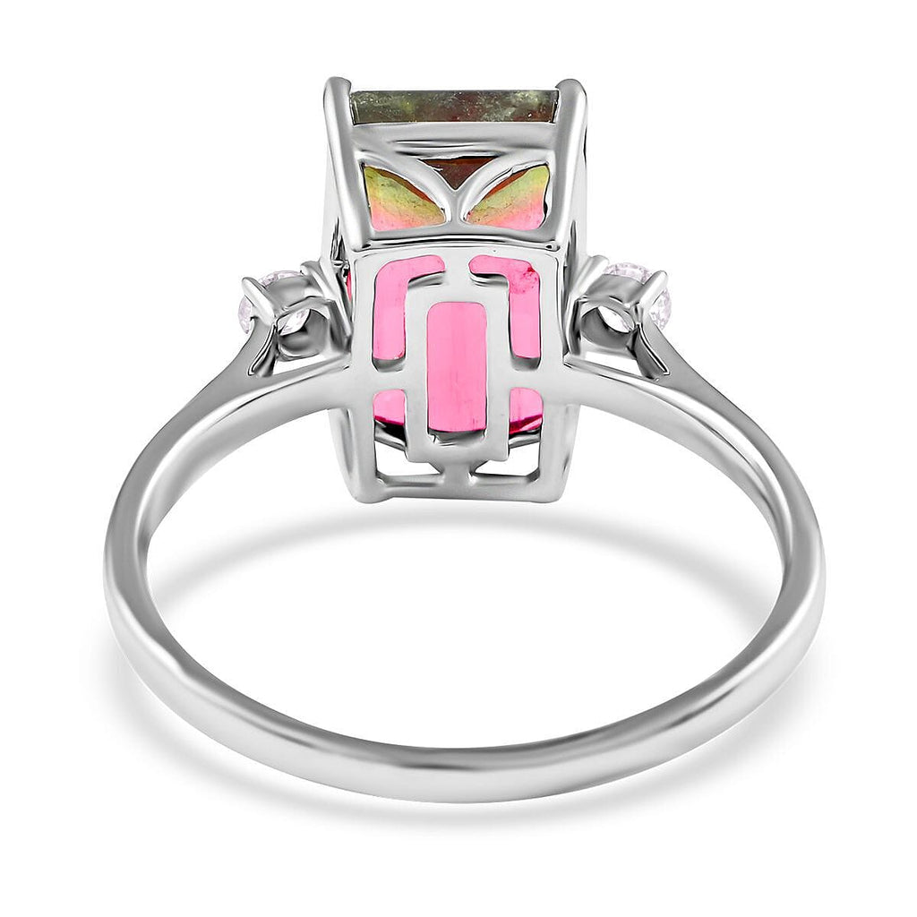 AGI Certified 14K White Gold AAA Bi-Color Tourmaline and Diamond (I2-G-H) Ring 4.61 Ct