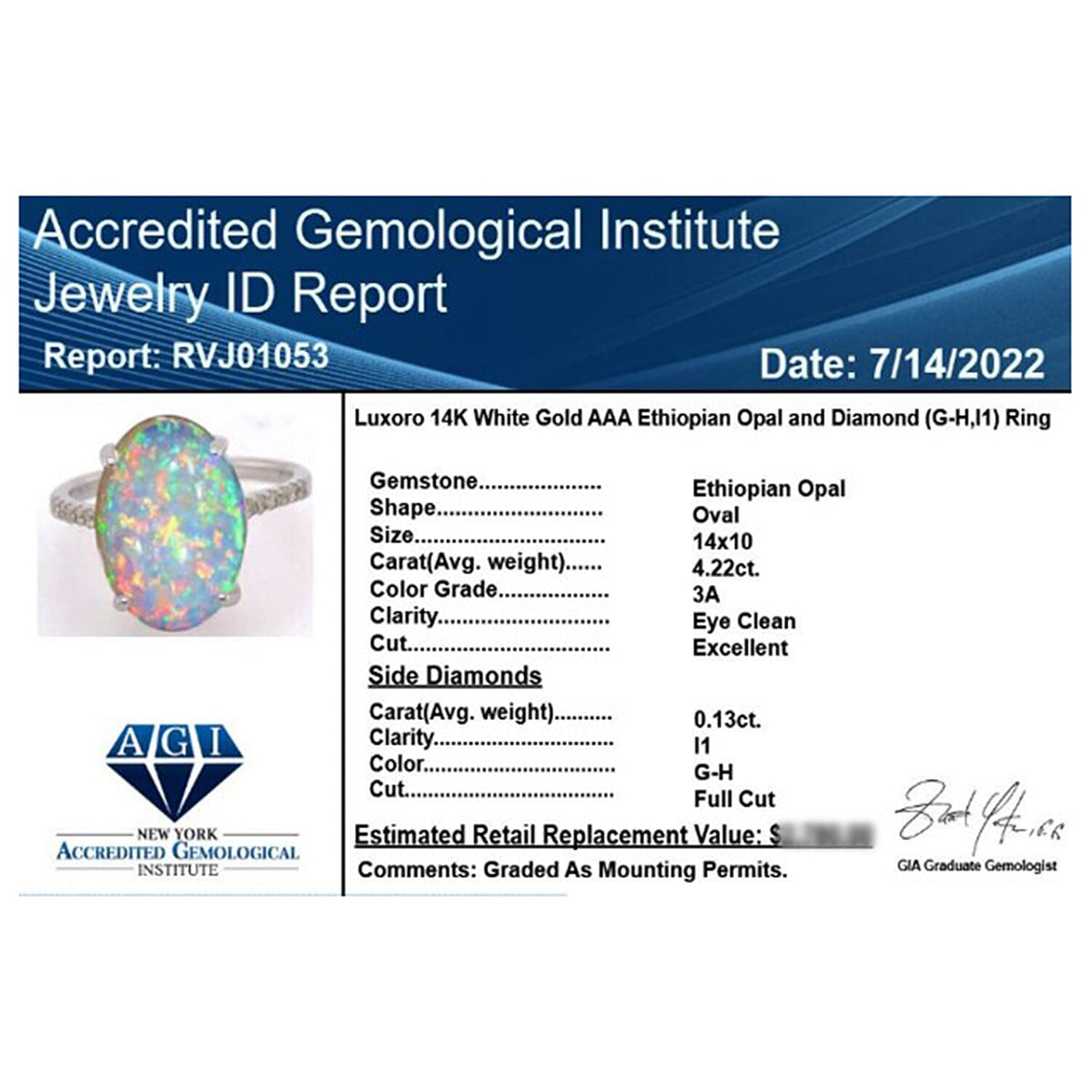 Appraised AAA Ethiopian Welo Opal and Diamond Solitaire Ring in 14K White Gold, AGI Certified 7134554 6