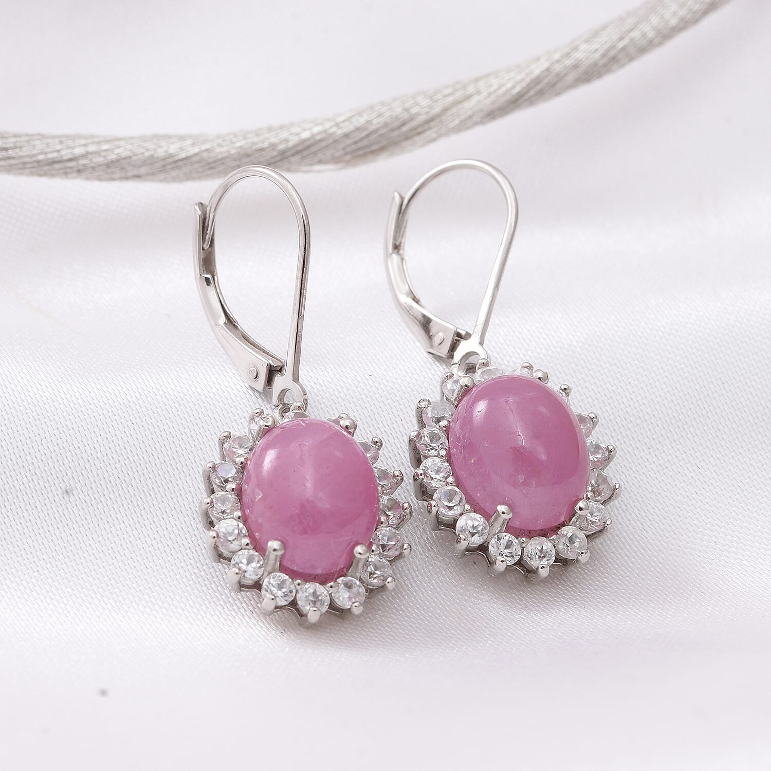 AIG Certified Halo Natural Pink Sapphire Drop Earrings with Natural Cambodian Zircon in Rhodium Plated  Sterling Silver 9.69 Ct. 8858986 1