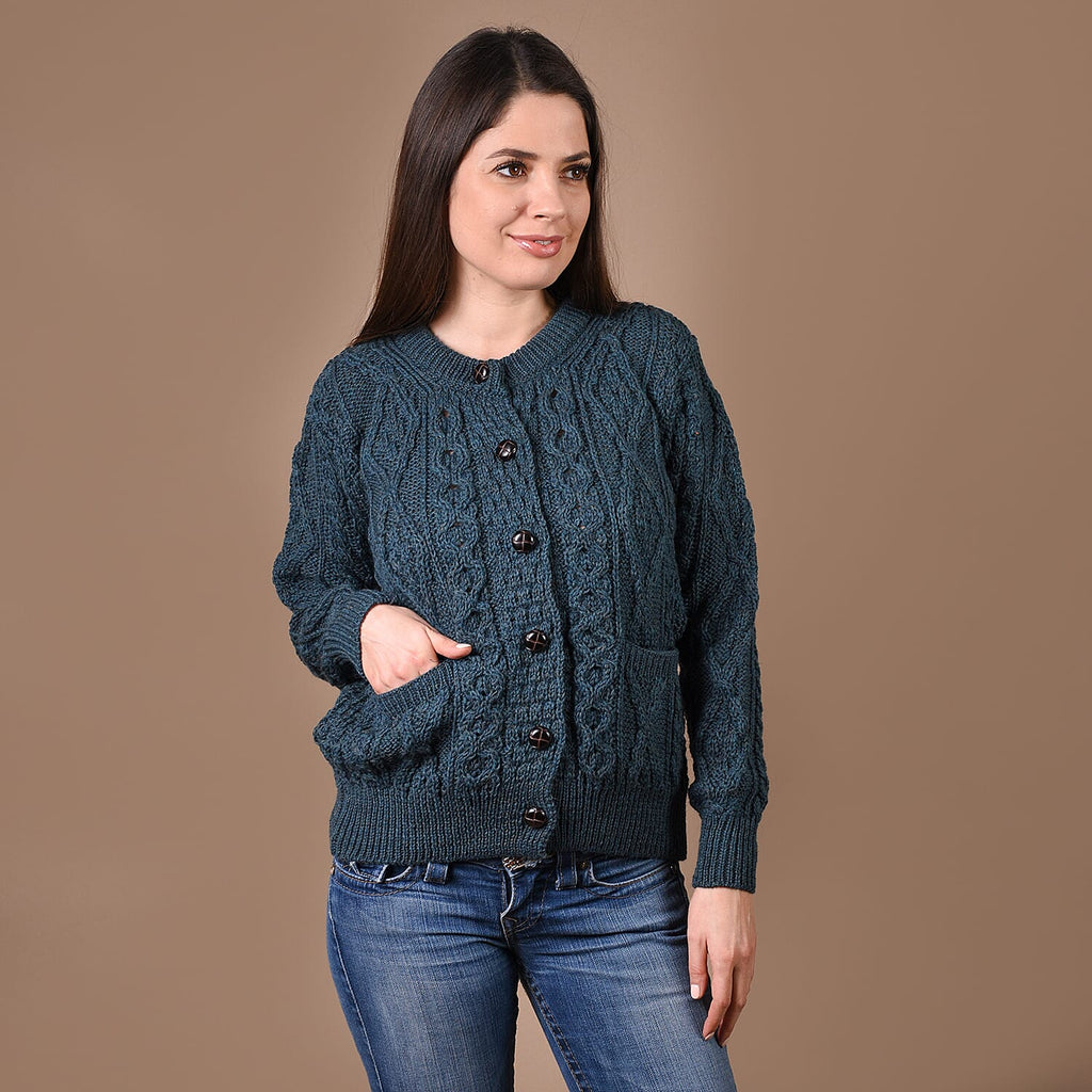 ARAN 100% Pure Wool Heritage Cardigan (Size Large) - Teal